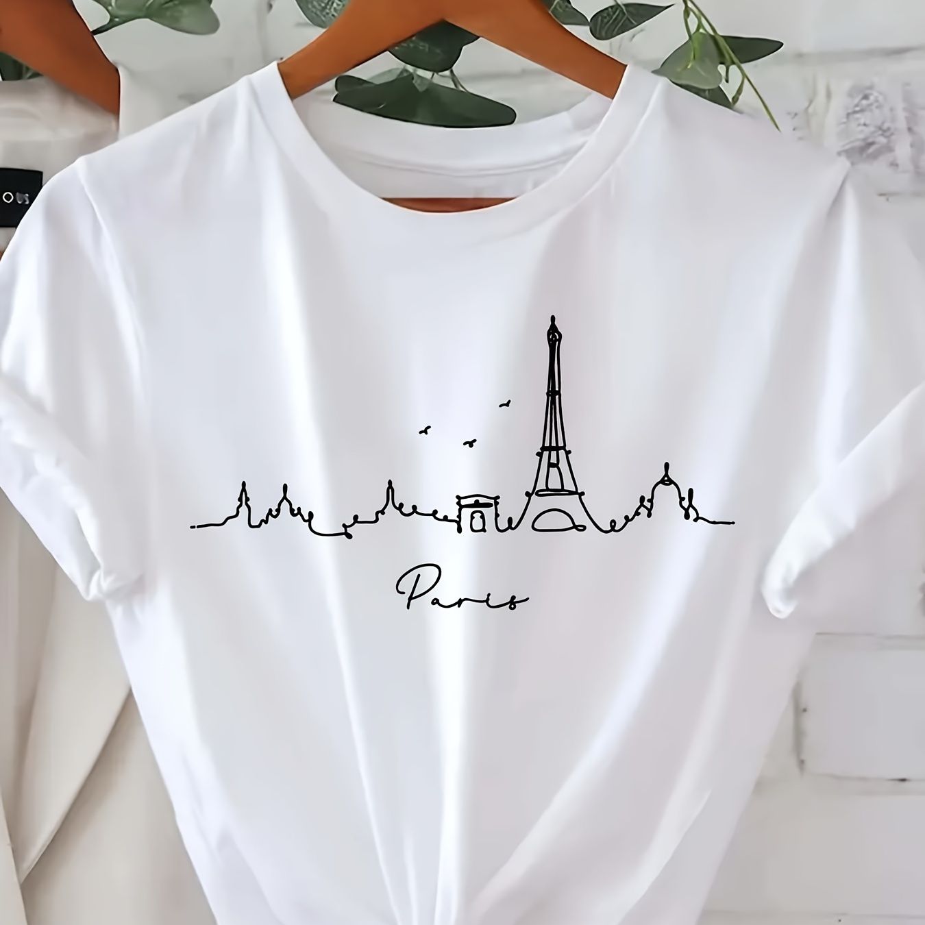 

Eiffel Tower Print T-shirt, Short Sleeve Crew Neck Casual Top For Summer & Spring, Women's Clothing