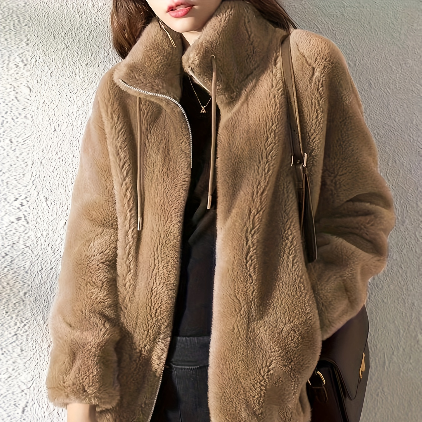 

Drawstring Teddy Coat, Casual Zip Up Long Sleeve Warm Outerwear, Women's Clothing
