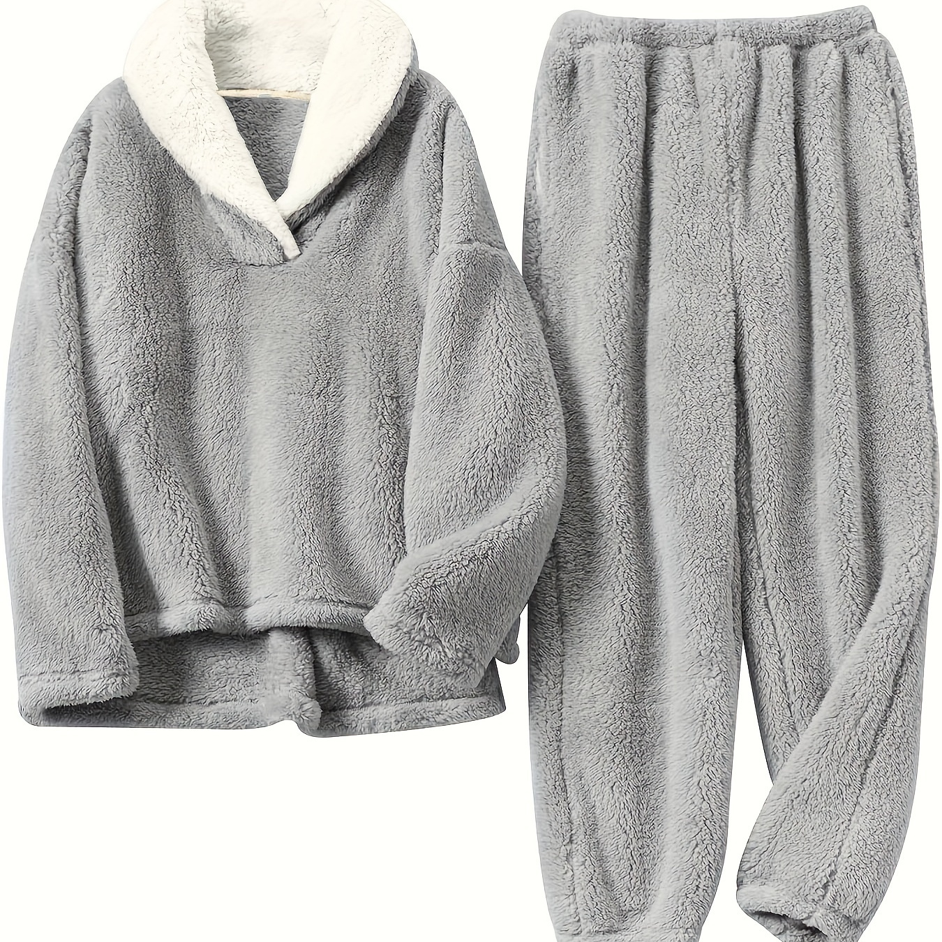 

Solid Thermal Flannel Loungewear Sets, Long Sleeve Tops & Pants Set, Women's Loungewear & Sleepwear