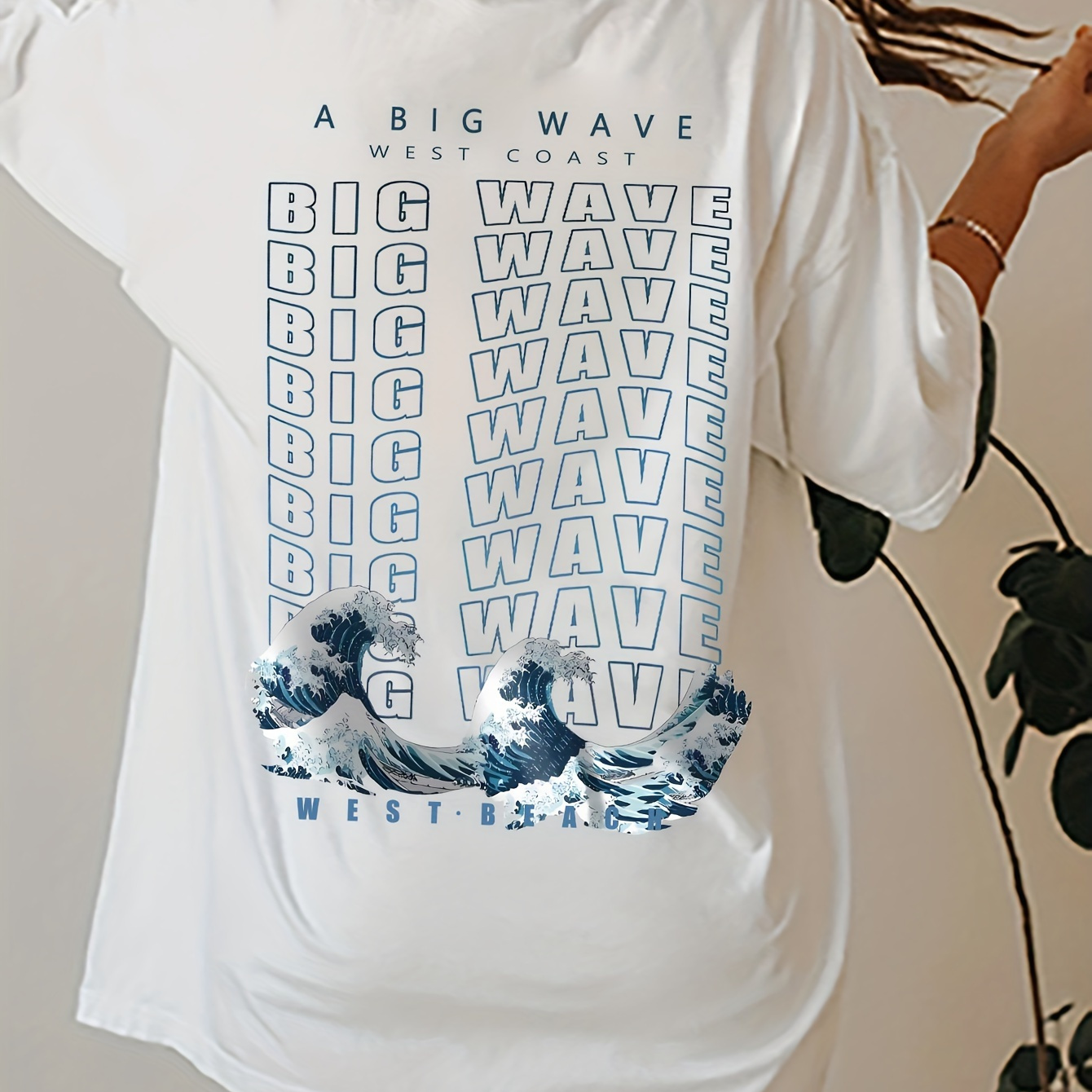 

T-shirt À Col Rond Imprimé Big Wave, Haut Décontracté À Manches Courtes Pour L'été Et Le Printemps, Vêtements Pour Femmes