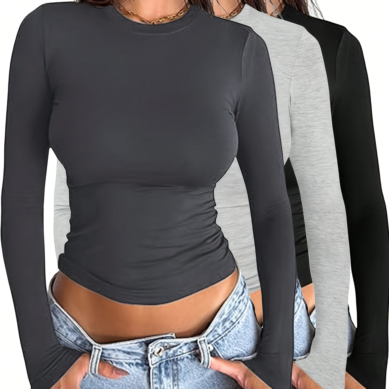 

Women' Color Round Neck Long Sleeve Slim Fit T-shirt Piece Set