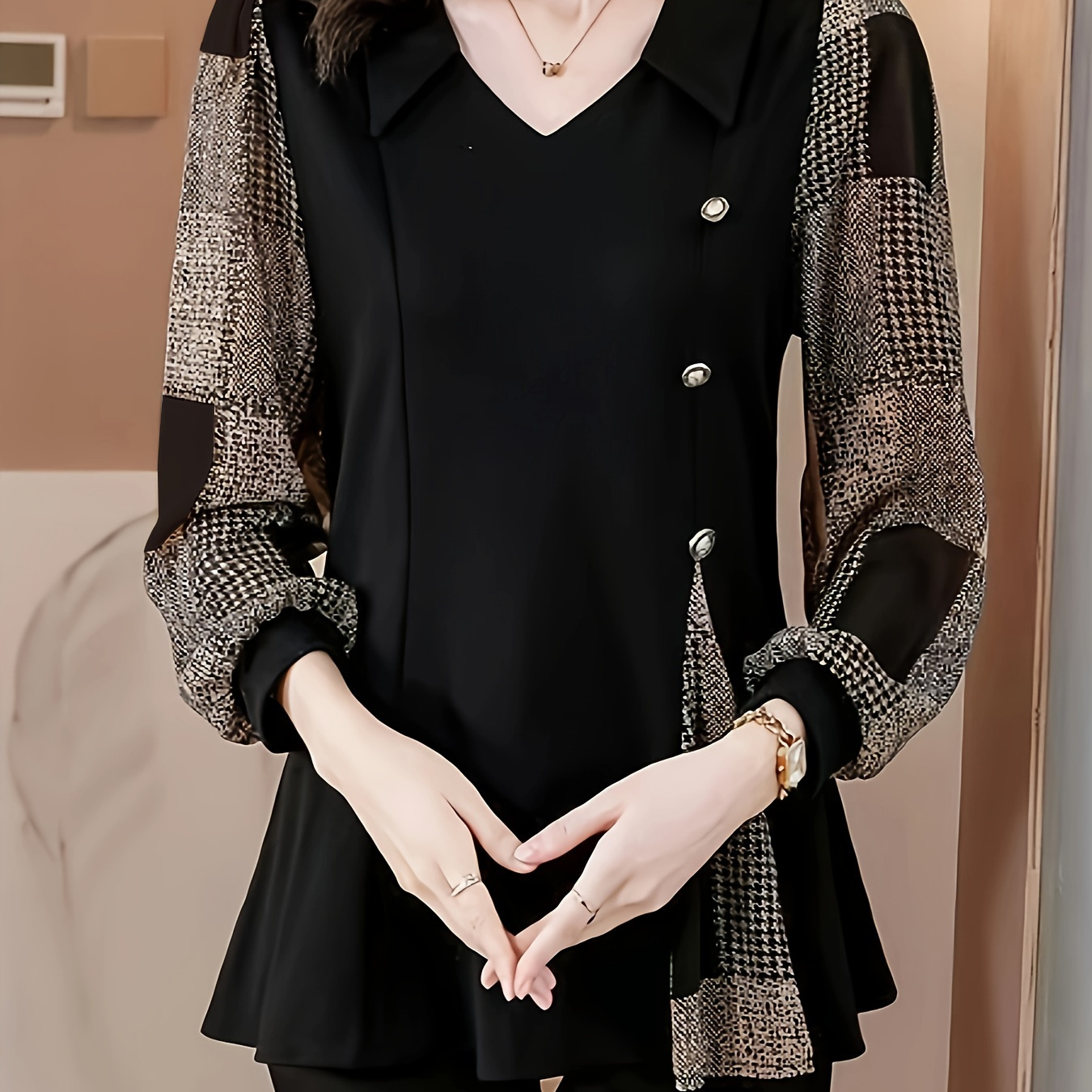 

Women's Elegant Long Sleeve V-neck Shirt, 100% Polyester Woven Blouse With Button , Fashionable Slim Fit For Spring/fall Season