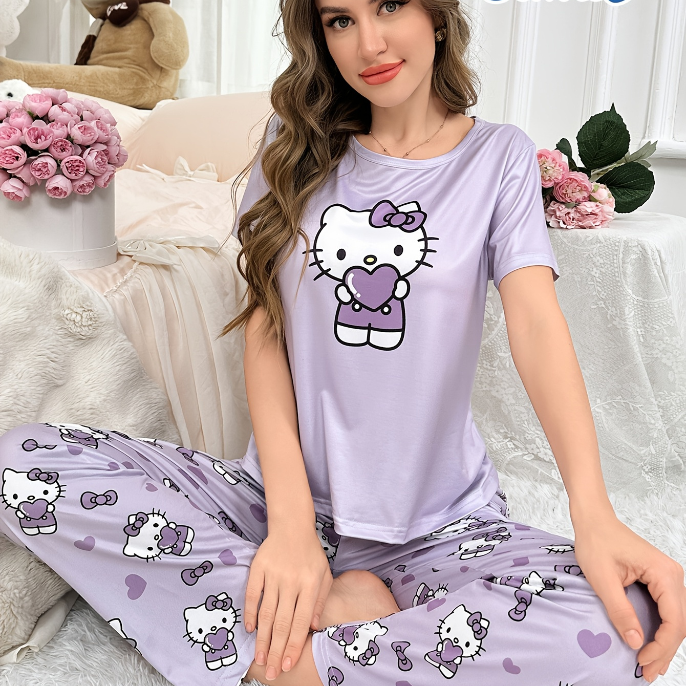 

Sanrio Women's Hello Kitty Cartoon Pattern Pajamas With Round Neck, Short Sleeves And Long Pants, Cute And Casual, And Comfortable