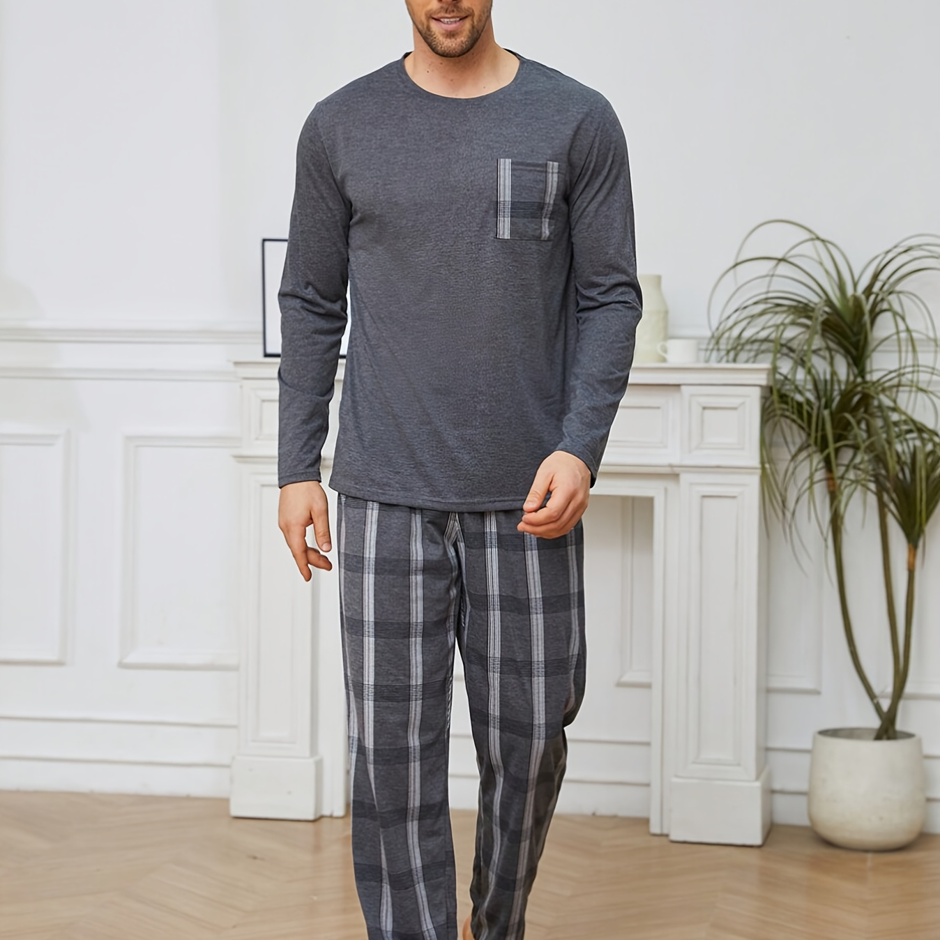 

Men's Cozy Dark Gray Pajama Set With Pockets - Long Sleeve Round Neck Top & Pants, Polyester , Machine Washable