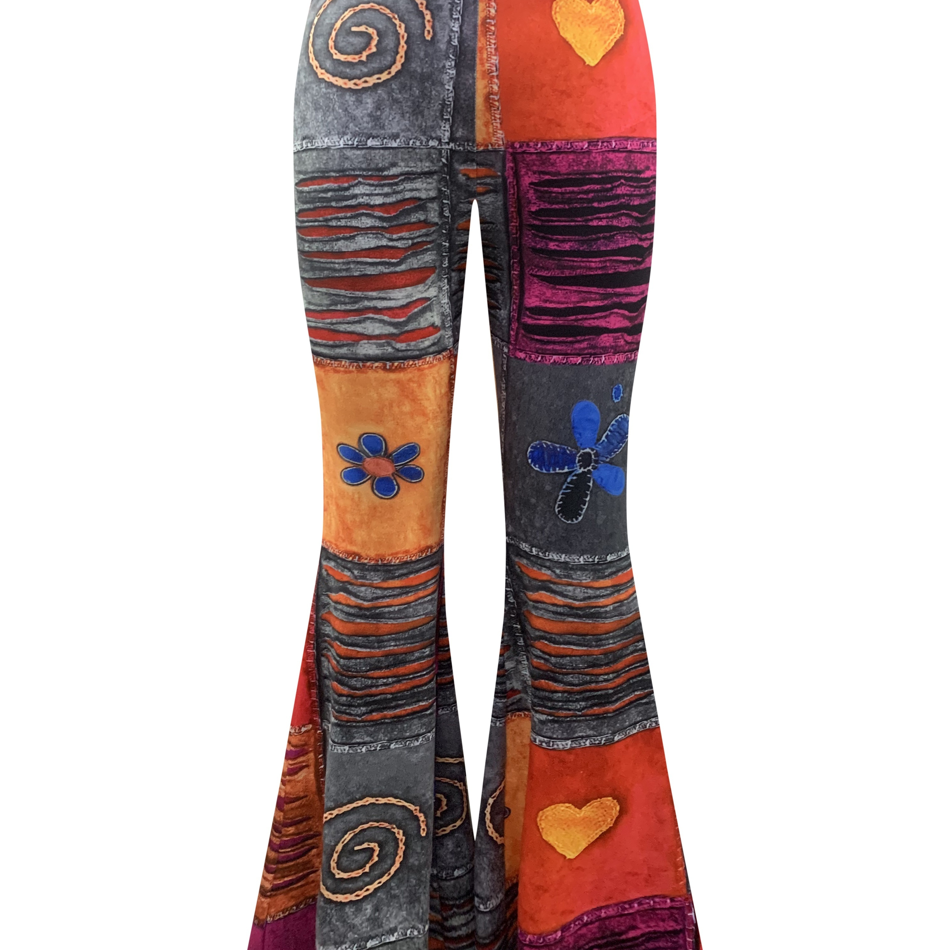 

Y2k Graphic Print Flare Leg Pants, Hippie Color Block Pants For Spring & Summer, Women's Clothing