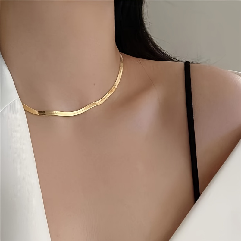 

1pc-stainless Steel 18k Gold Plated Chain Herringbone Necklace Golden Choker Necklaces For Women Girl Gifts Jewelry