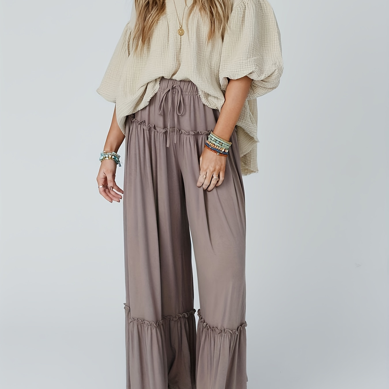 Ruffle Tiered Wide Leg Pants, Casual Drawstring Pants For All Seasons, Women's Clothing