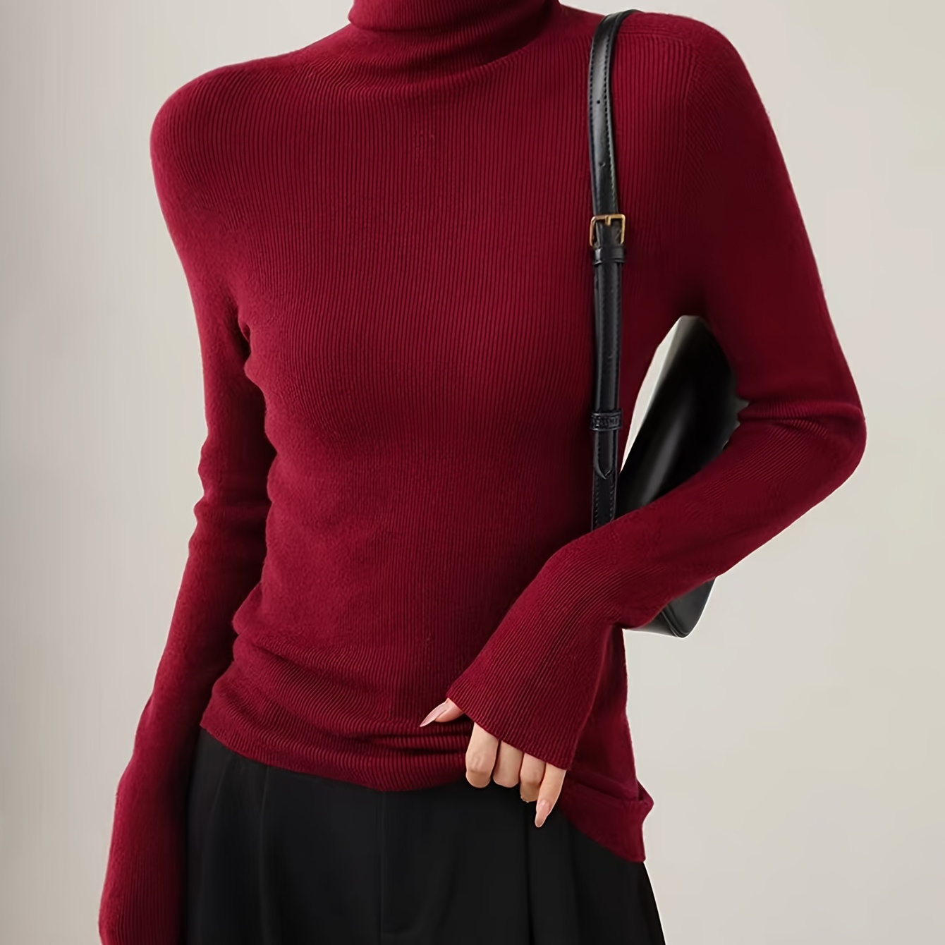 

Elegant Turtleneck Sweater For Women - Soft Polyester , Long Sleeve, Slim Pullover In Solid Colors