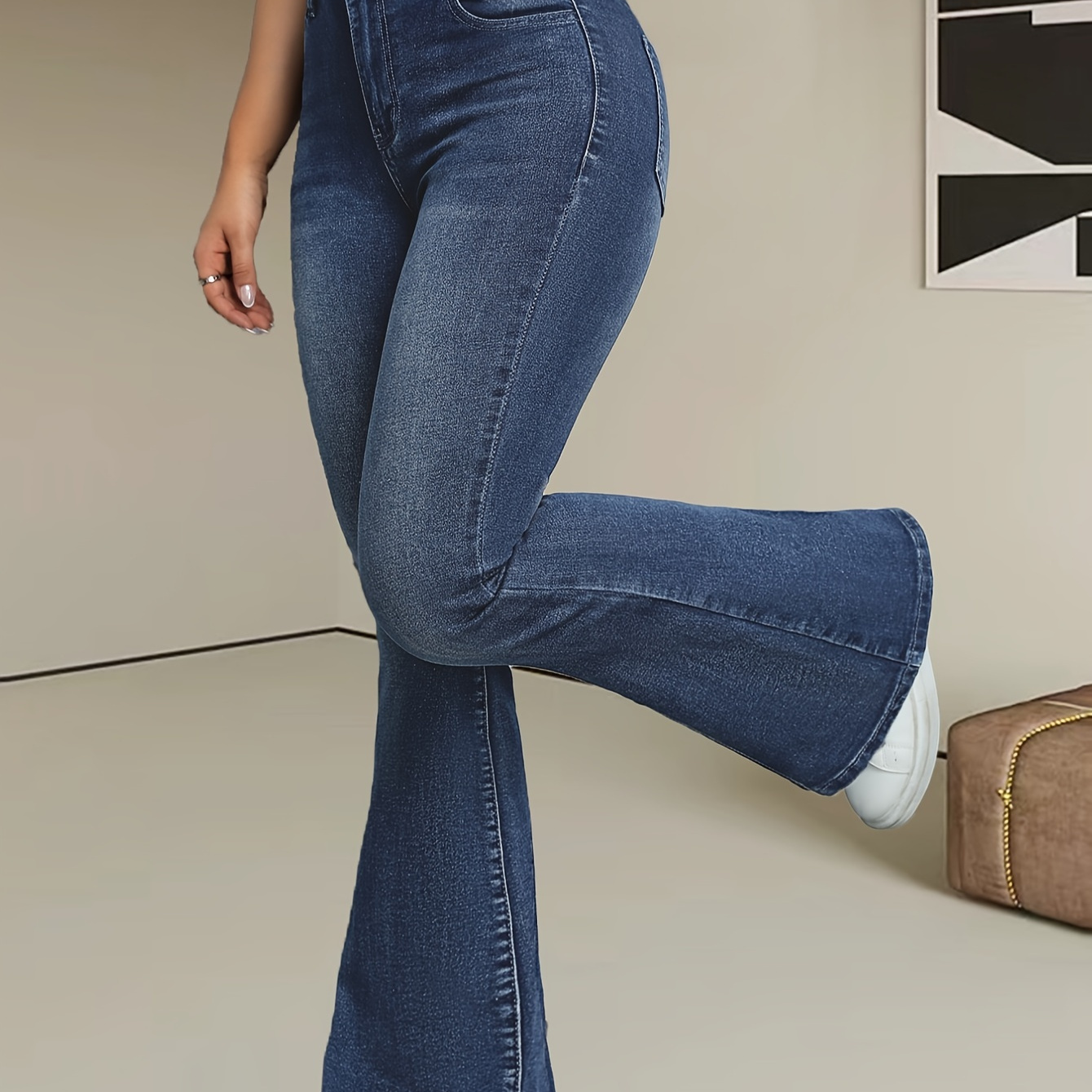 

Flare Leg Washed Blue Casual Style Zipper Button Closure Denim Pants, Women's Denim Jeans & Clothing