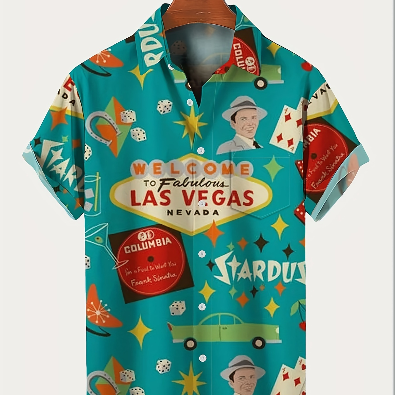 

Plus Size Mens Casual Retro Las Vegas Element Vacation Hawaiian Shirt, Button Down Short Sleeve Shirt With Chest Pocket