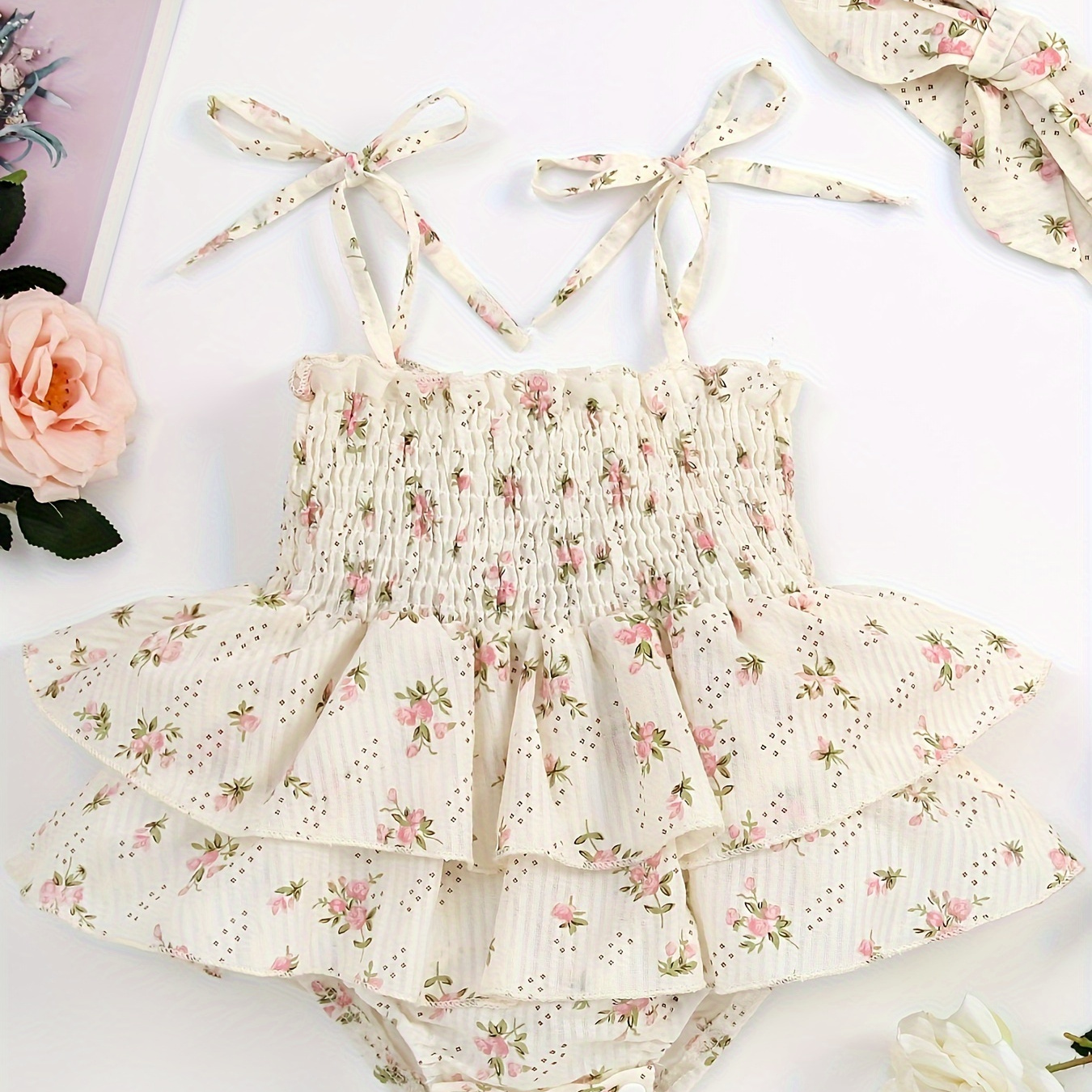 

Baby Girl Summer Fashion Jumpsuit Set Floral Elasticated Bust Sleeveless Romper With Bow Headband