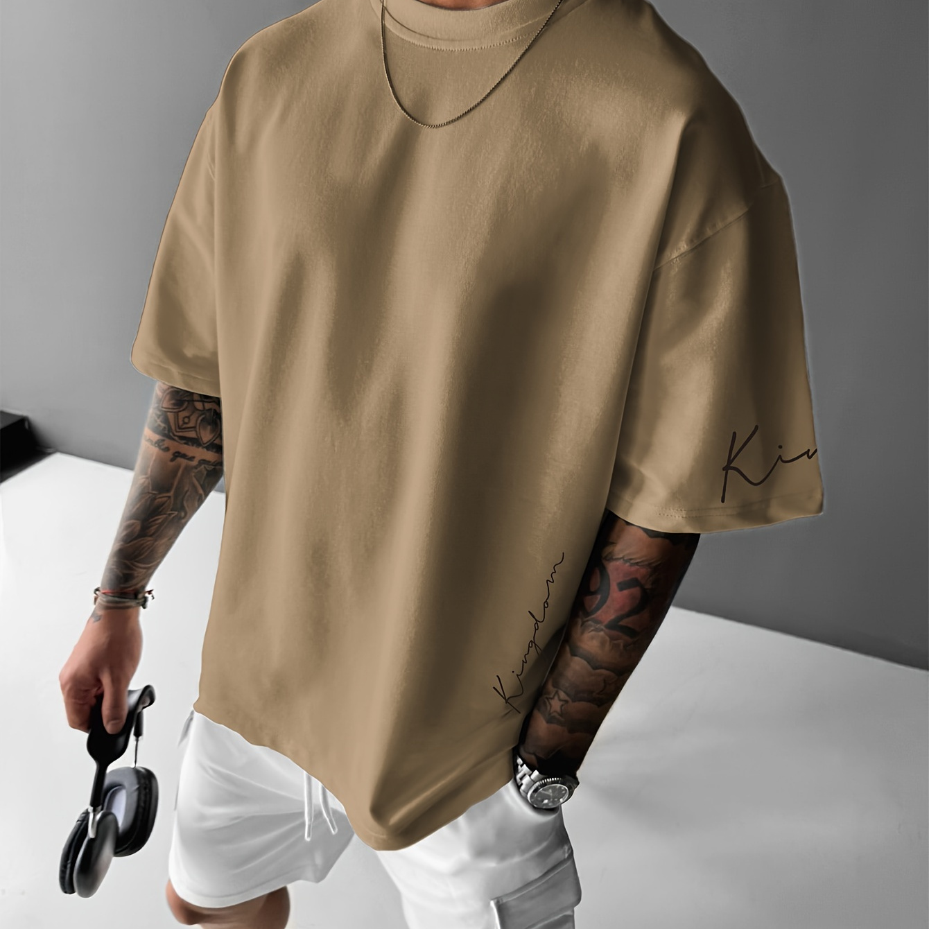 

Men's Casual Letter Print Oversized Shoulder Drop Short Sleeve T-shirt - Polyester Knit Fabric, Loose Fit, Round Neck, Summer Collection