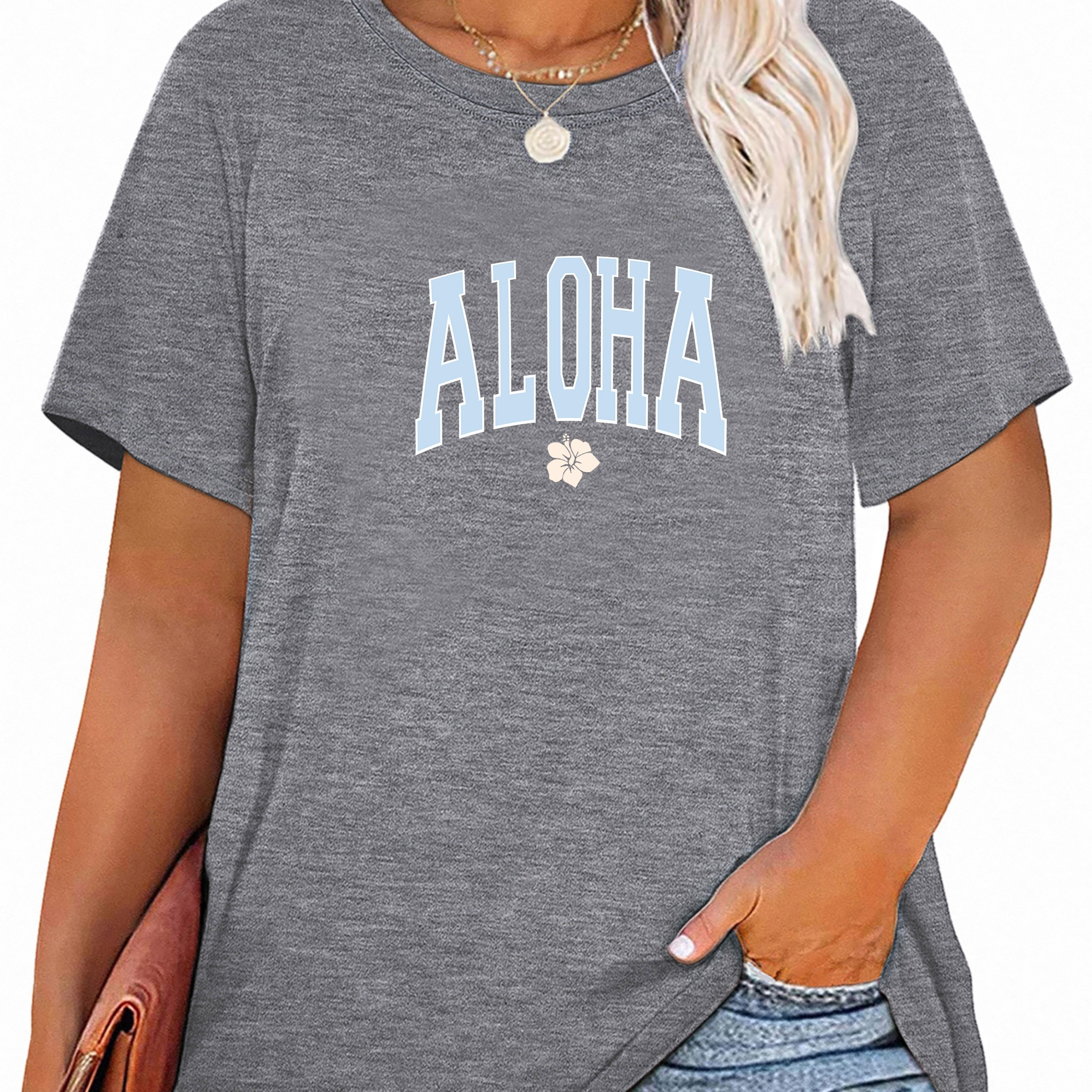 

Plus Size Aloha Print T-shirt, Casual Short Sleeve Crew Neck Top For Spring & Summer, Women's Plus Size Clothing