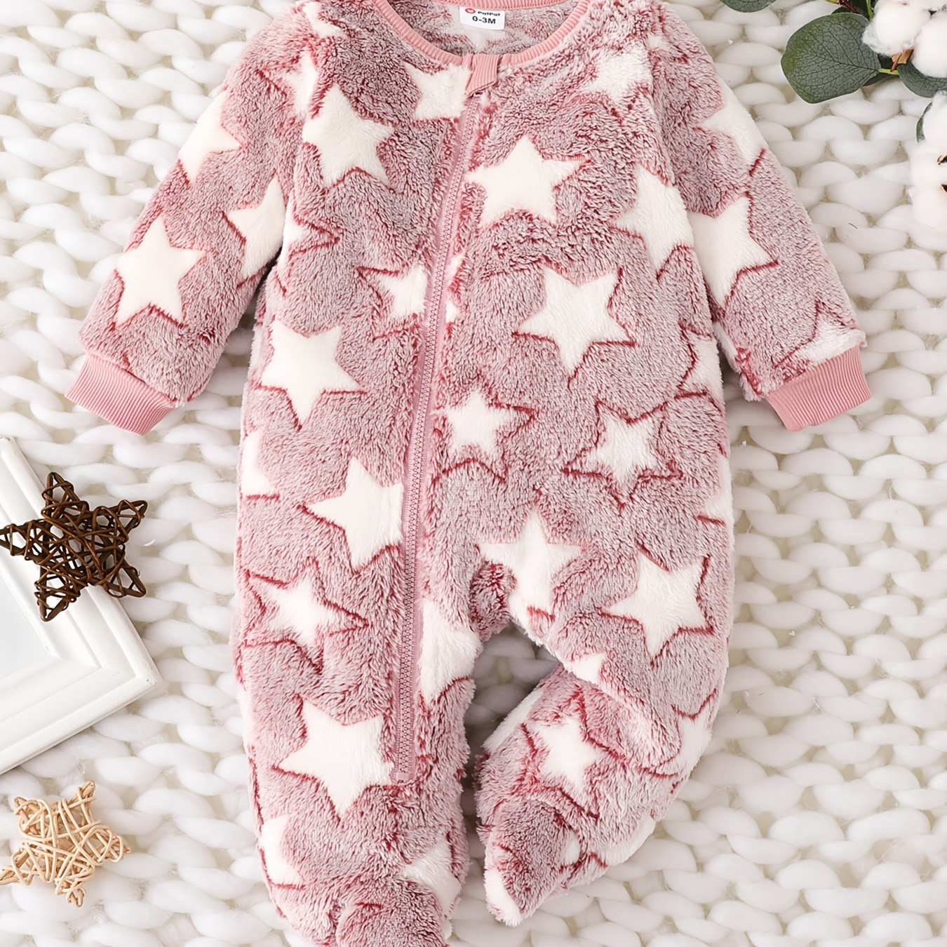 

Patpat Baby Girl Basic Casual Round Neck Stars Print Zippered Long-sleeve Fleece Jumpsuit For Winter