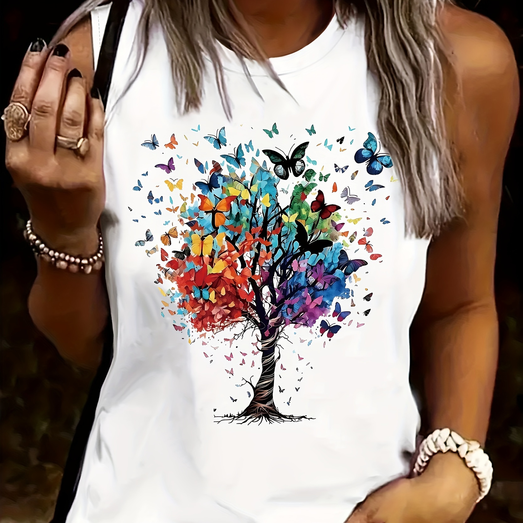 

Butterfly & Tree Print Tank Top, Casual Sleeveless Crew Neck Tank Top For Spring & Summer, Women's Clothing