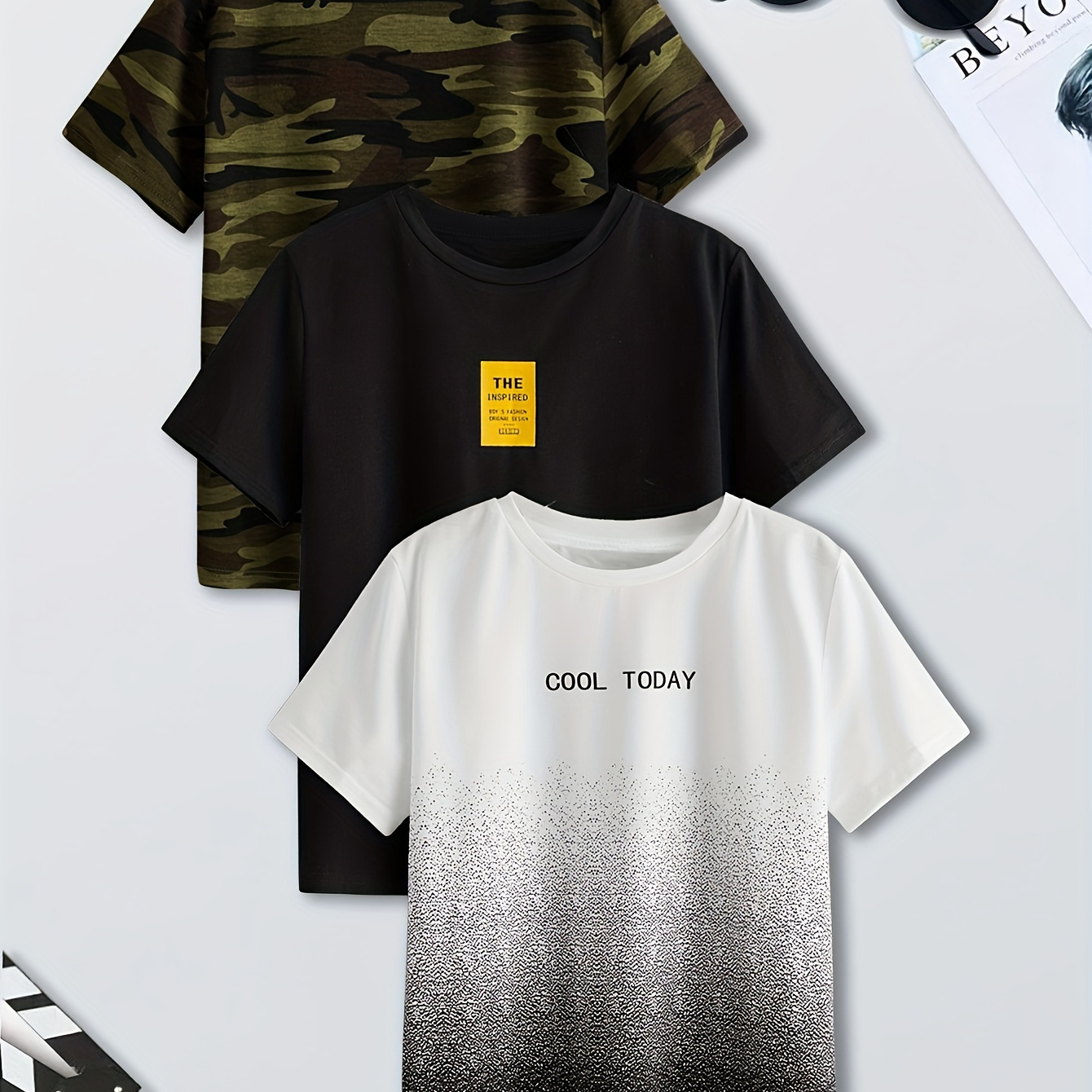 

3pcs Camouflage, Letter And Gradient Print T-shirt - Vibrant Short Sleeve Tee For Summer Fun - Casual Style For Boys And Girls