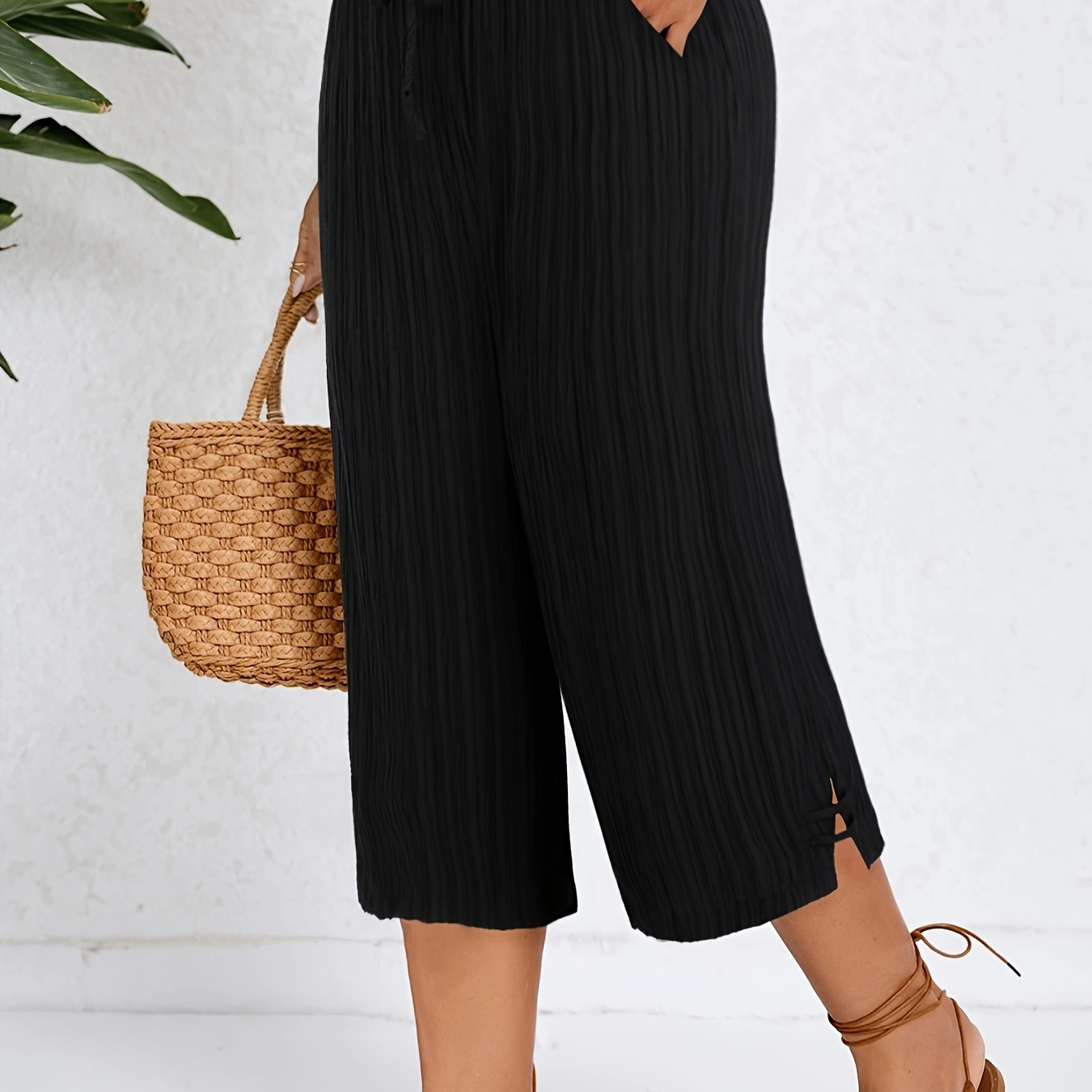 

Pantalon droit plissé grande taille, élégant et ample avec poches obliques et fentes latérales pour le printemps et l'été, vêtements grande taille pour femmes