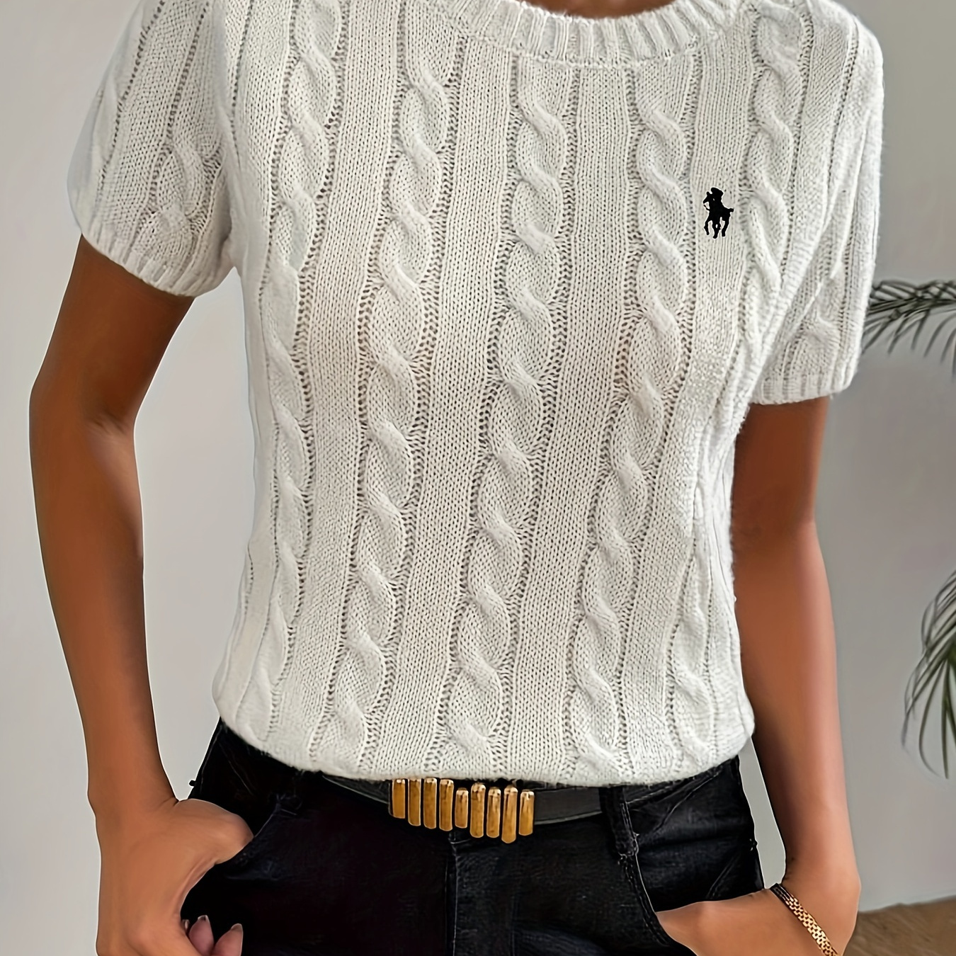 

Knight Embroidered Cable Knit Sweater, Preppy Short Sleeve Crew Neck Knitted Top, Women's Clothing