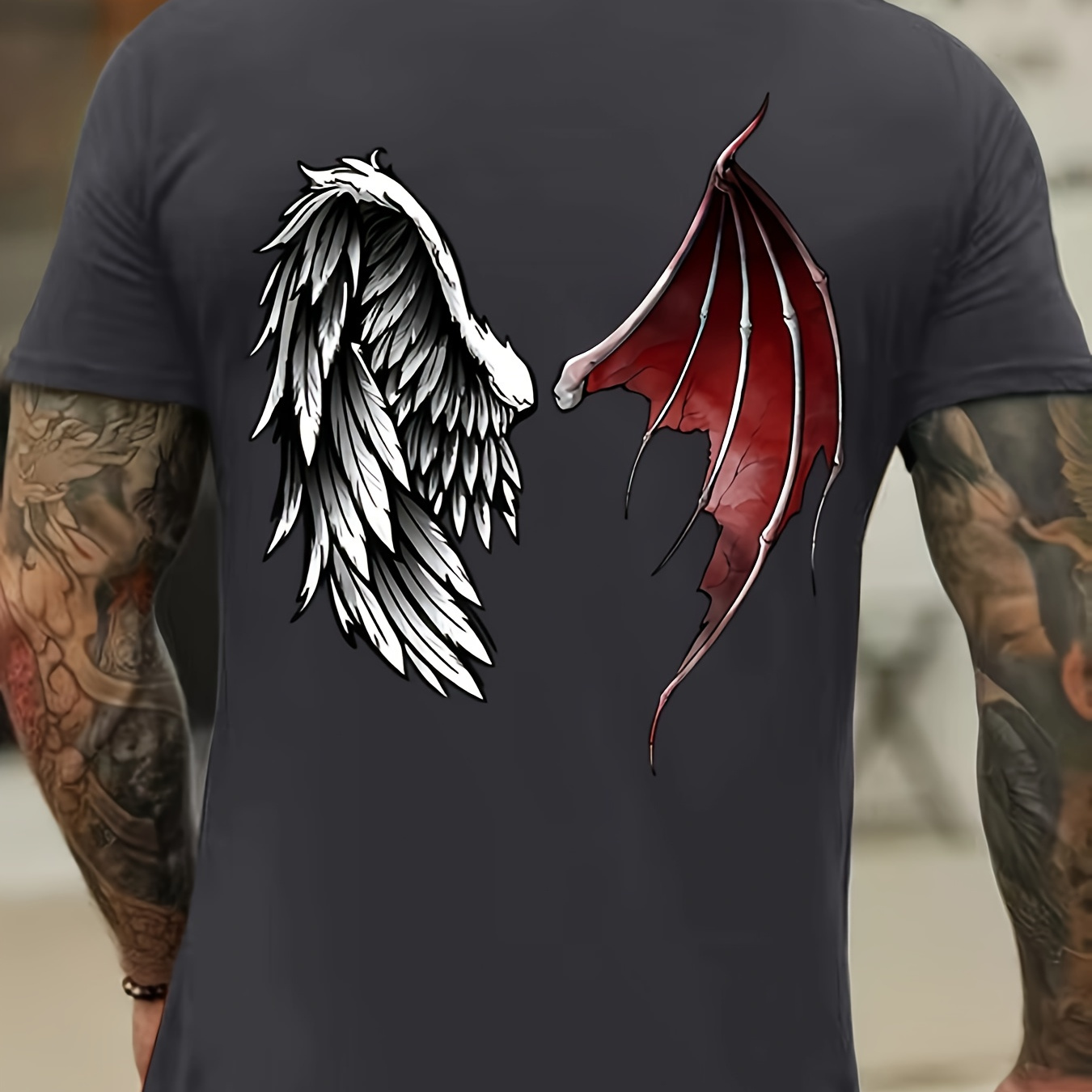 

T-shirt à manches courtes avec impression d'ailes d'ange et de diable pour hommes, tissu respirant et séchage rapide, col rond pour toutes les saisons