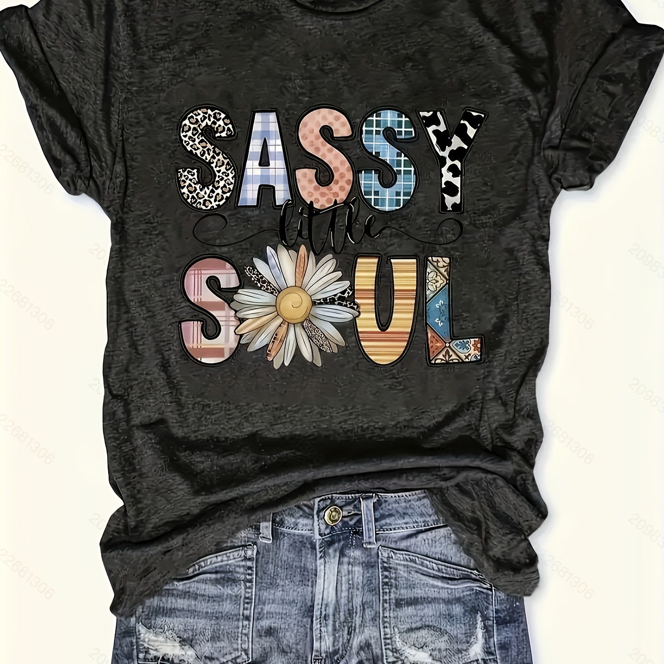 

Sassy Soul Print Crew Neck T-shirt, Casual Short Sleeve T-shirt For Spring & Summer, Women's Clothing