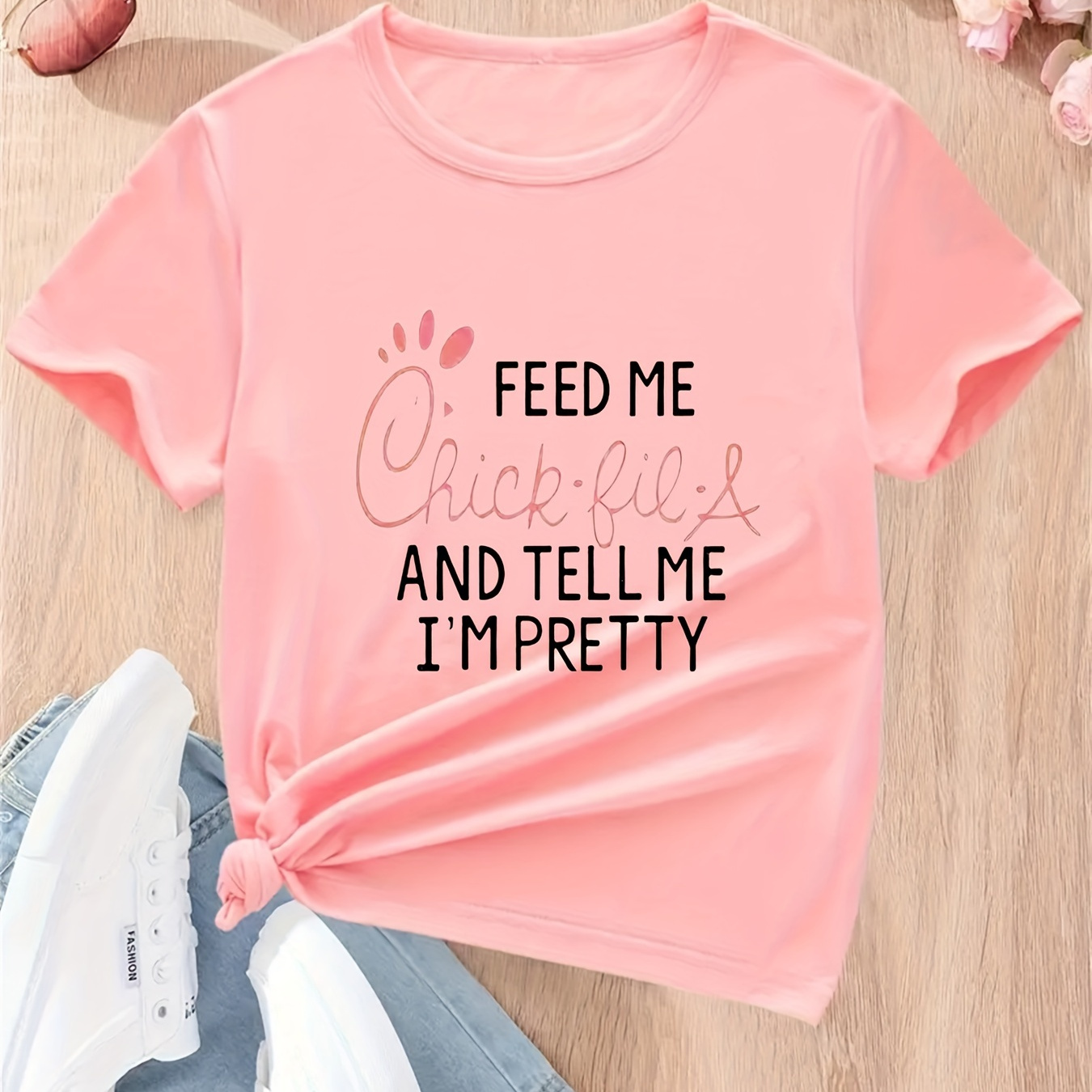 

Feed Me And Tell Me I'm Pretty Print, Girls' Casual Crew Neck Short Sleeve T-shirt, Comfy Top Clothes For Spring And Summer For Outdoor Activities