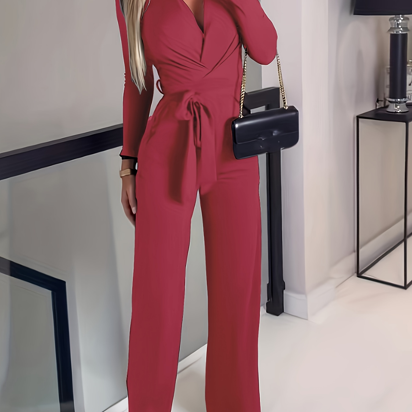 

Women' V-neck Waistband Design Slimming And Fashionable Jumpsuit