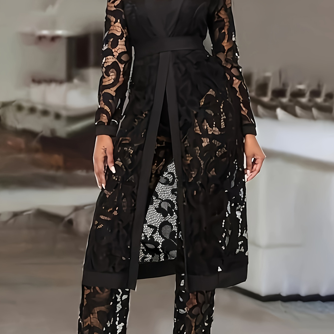 

Sexy Guipure Lace 3-piece Set, Tube Tight Bodysuit & Straight Leg Pants & Open Front Mid-length Cardigan Outfits, Women's Clothing