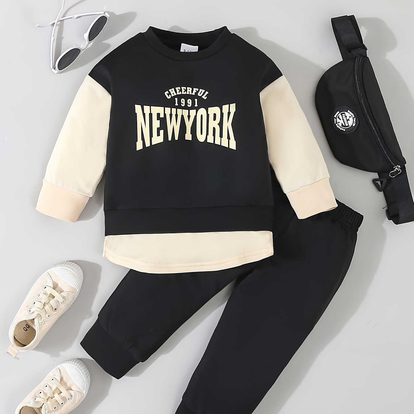 

2pcs Baby Boy Vintage American Style Boys' Autumn And Winter Color-blocked Round Neck Sweater & Casual Sports Pants Set