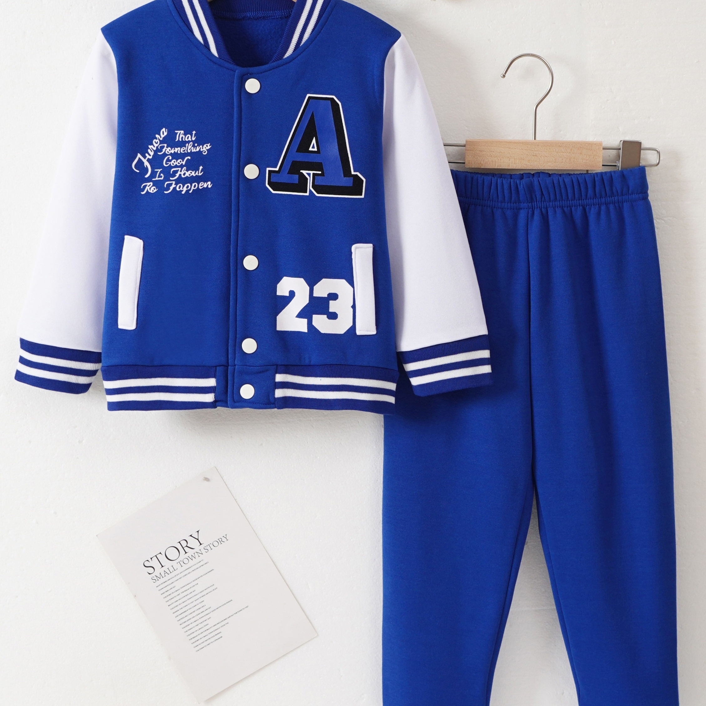 

2pcs Boys Letter Print Long Sleeve Color Block Drop Shoulder Varsity Baseball Jacket&casual Pants Outfit, Boys Clothing Outdoor