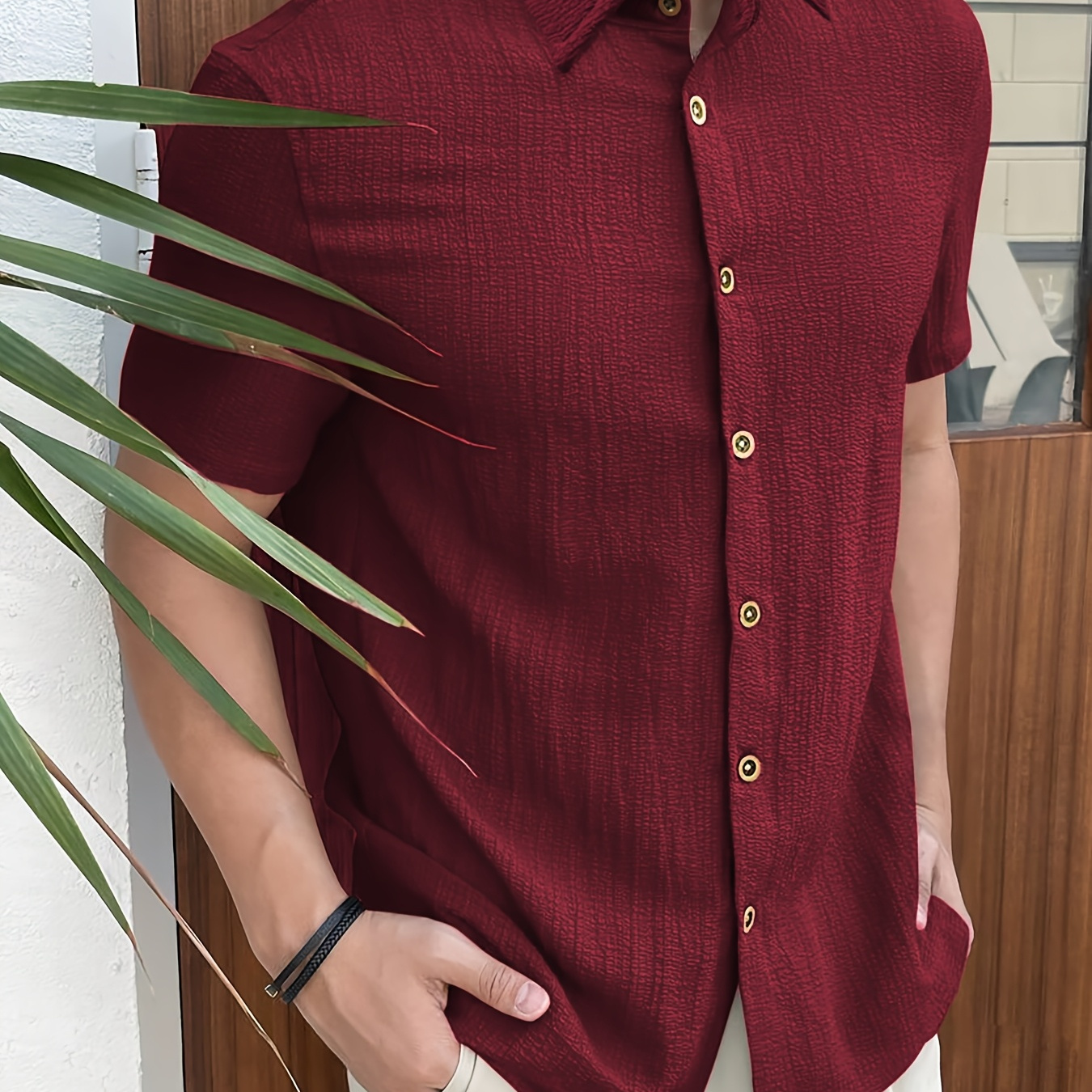 

Men's Maroon Textured Stretch Fabric Short-sleeve Shirt - Casual & Sporty With Chest Pocket, Button-up Collar, Machine Washable For Summer Outdoor Activities