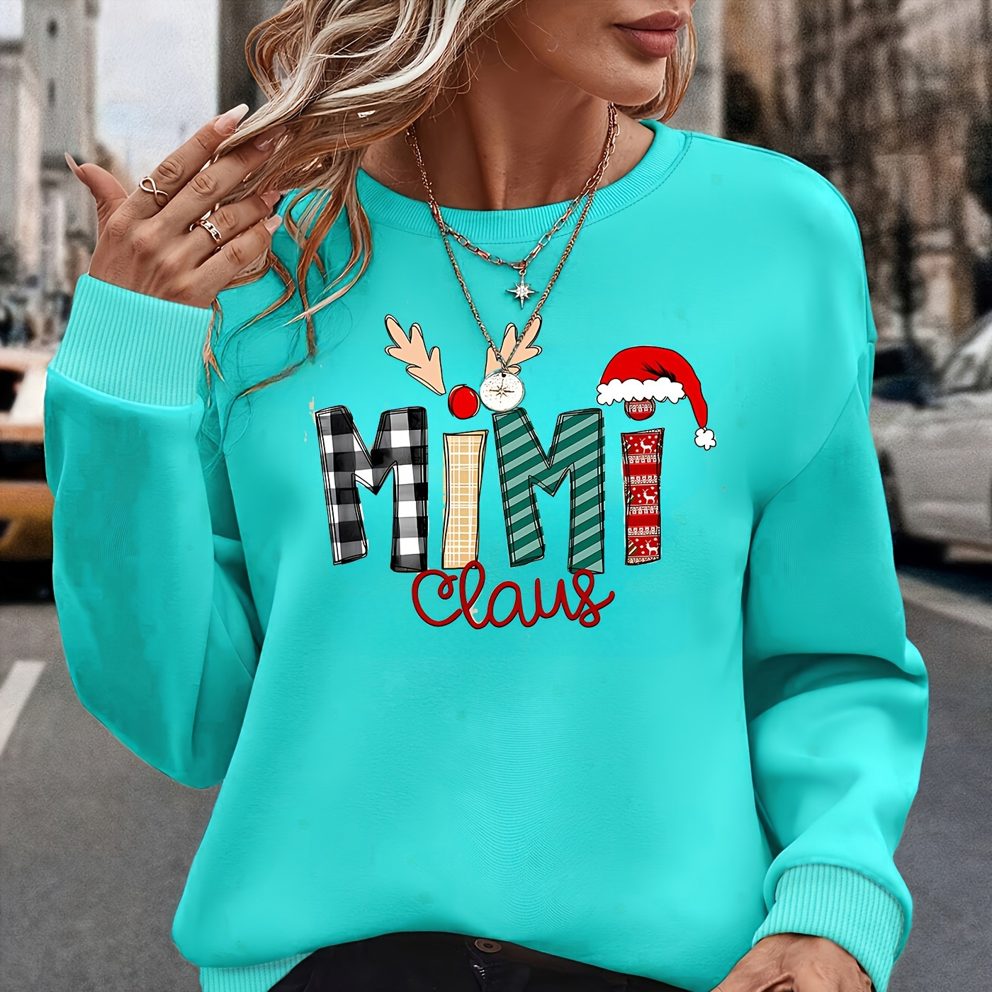 

1pc Christmas Pattern Long Sleeve Round Sweatshirt For Women, Polyester , , All