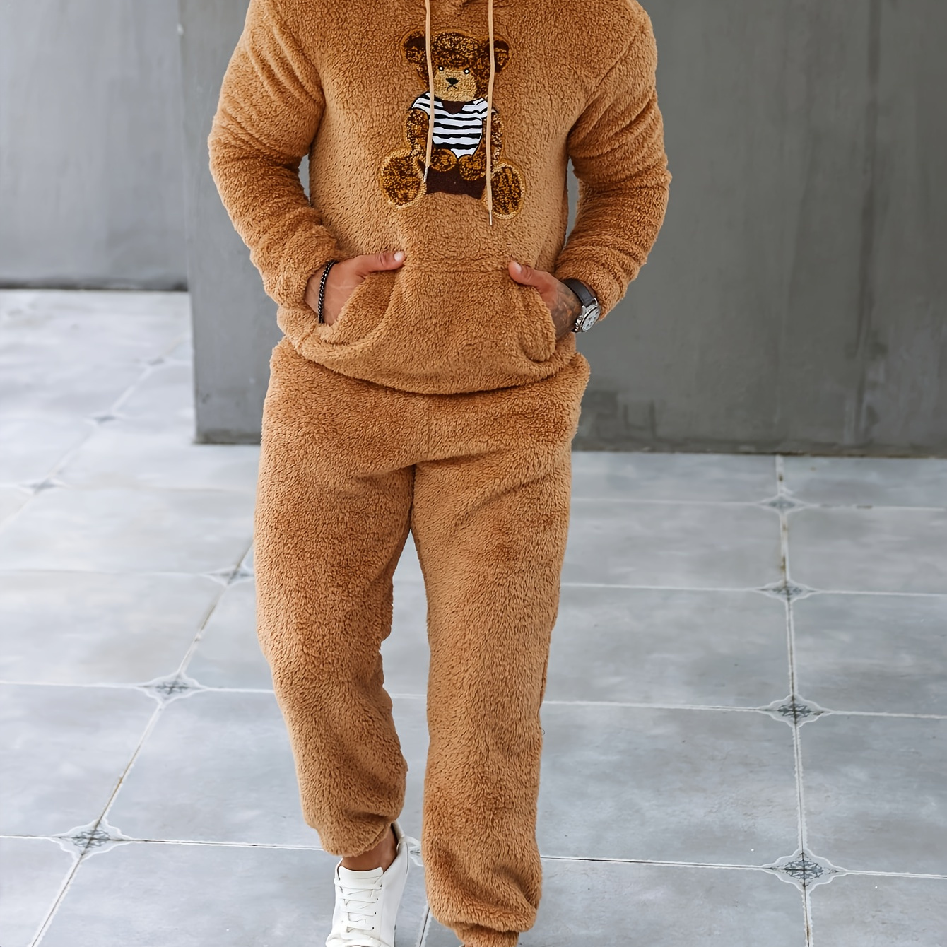 

Men's Casual Animal Bear Hoodie And Pants Set, High Polyester Knit Fabric, Regular Fit, Hooded Sweatshirt And Sweatpants Combo