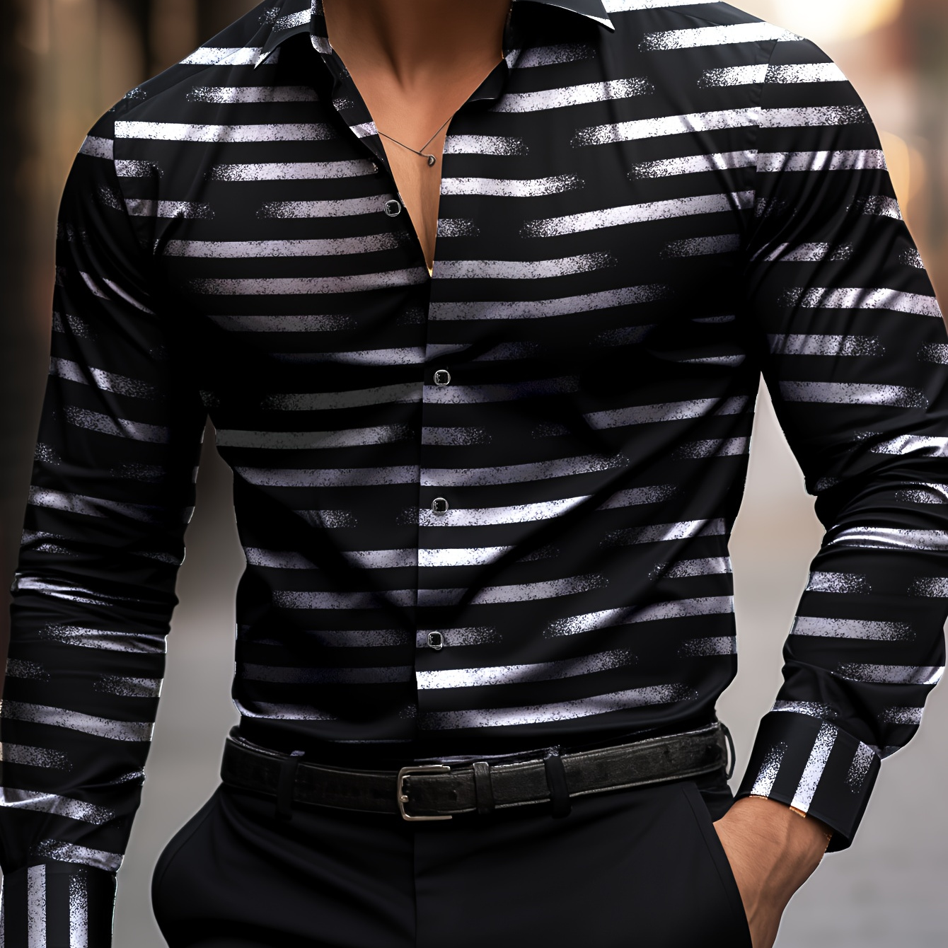 

Men's Striped Slim Fit Dress Shirt With Turn-down Collar, Button Detail, Mature Style