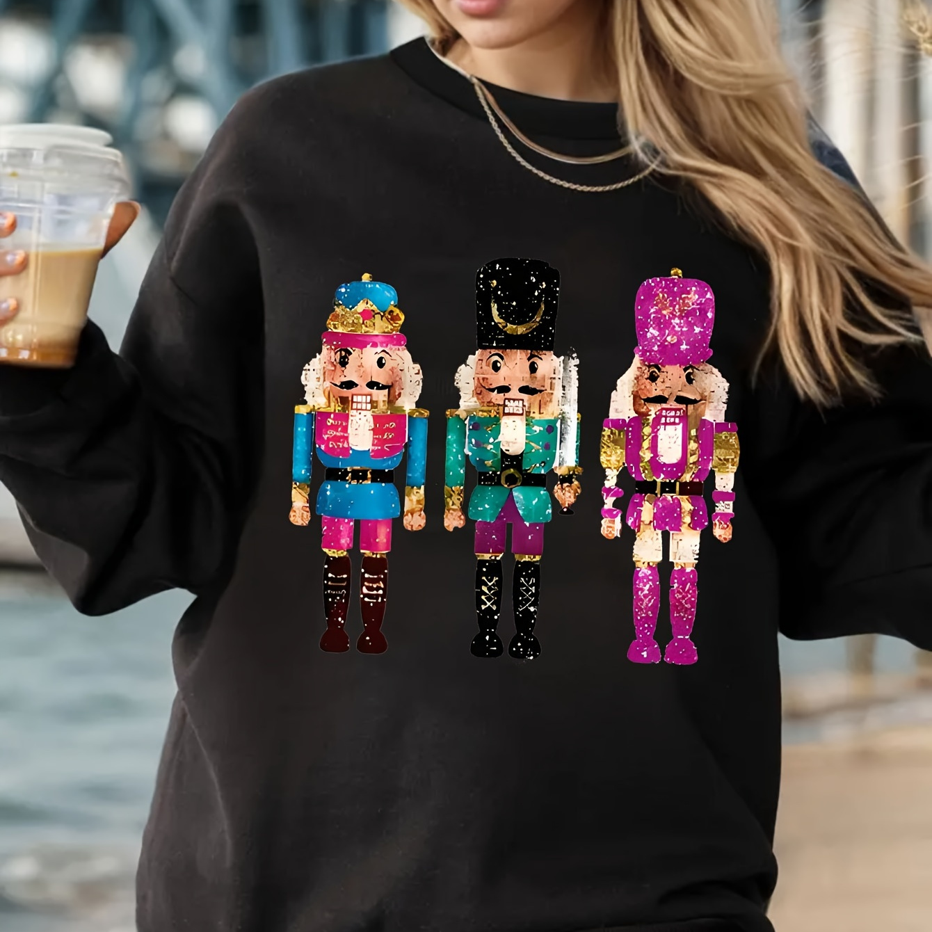 

Plus Size Casual Pullover Sweatshirt For Women - 100% Polyester Knit Fabric, Crew Neck, Slight Stretch, Cartoon Nutcracker Print, - Middle Collection