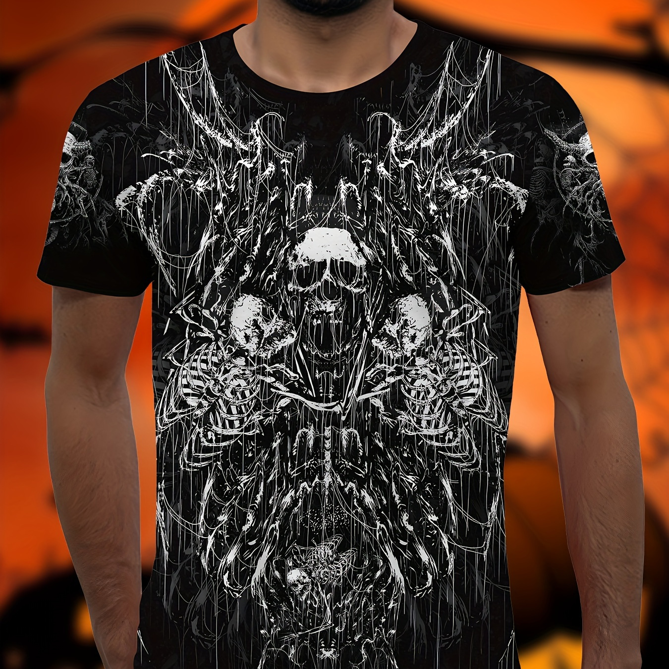 

Eerie Essential, Men's Halloween Skull & Spider Web Graphic Tee - 3d Printed Crew Neck T-shirt, Short Sleeve, Breathable Polyester, Summer Casual Wear, Non-transparent, , Parties & Festivals