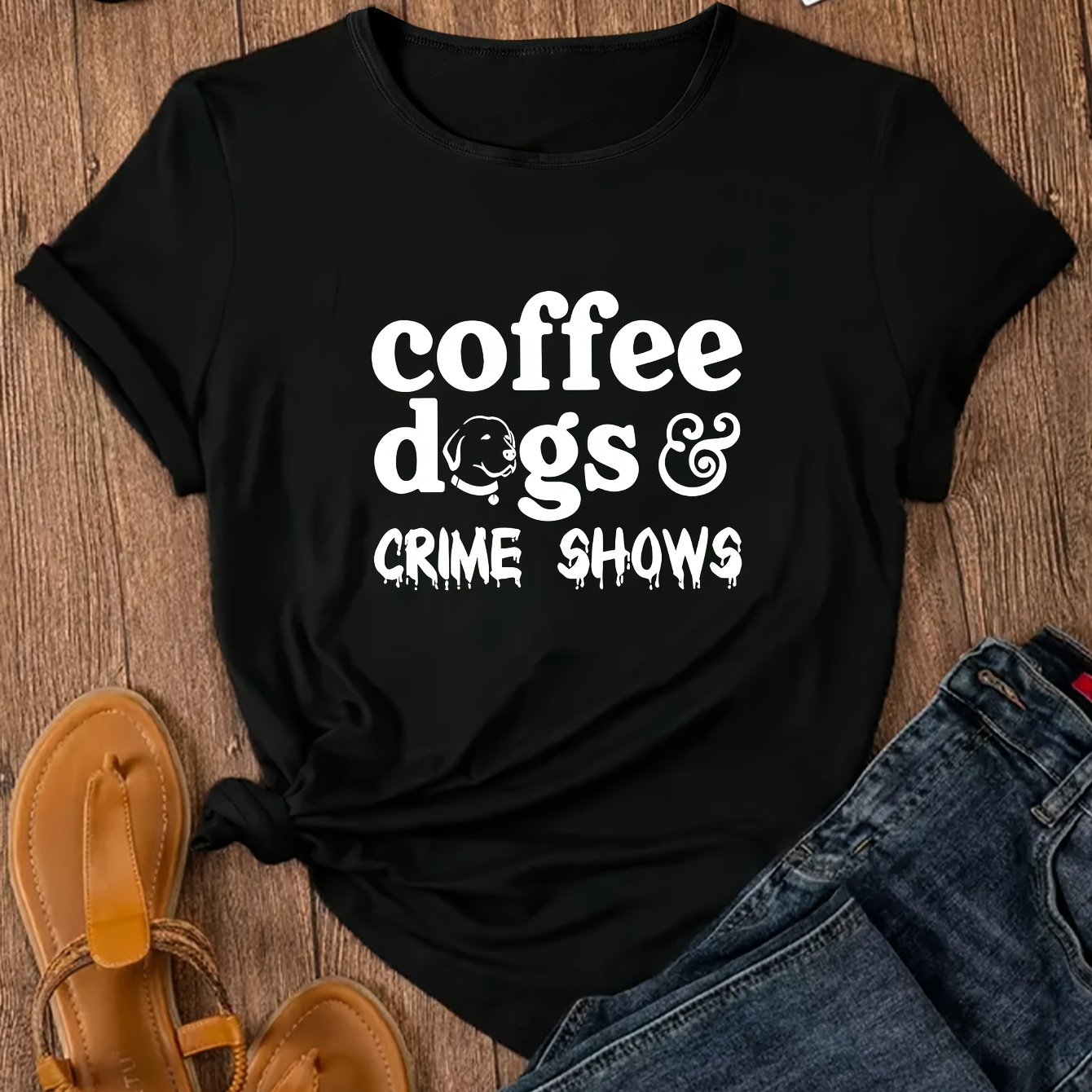 

Women's Casual "coffee, Dogs & Crime Shows" Print Fashion Short Sleeve Top, Relaxed Fit, Comfy Tee For Leisure & Sports Outings