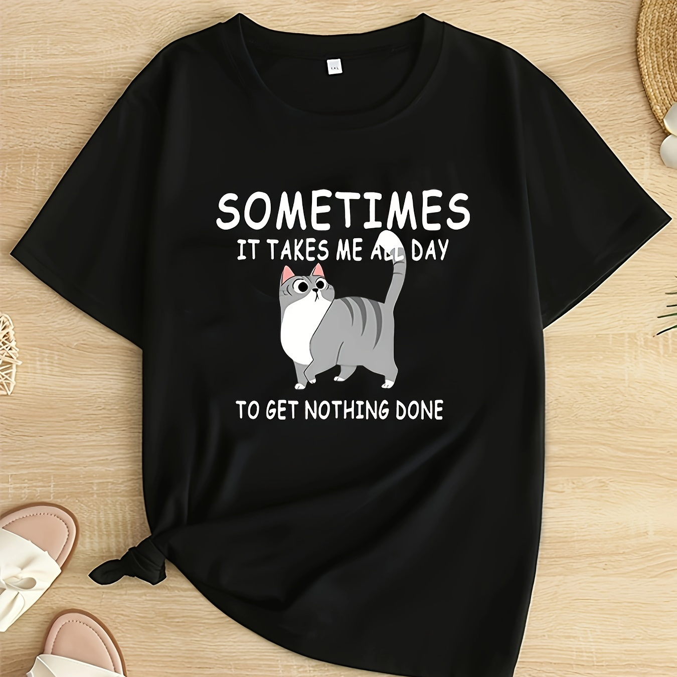 

Plus Size Cat & Letter Print T-shirt, Casual Short Sleeve Top For Spring & Summer, Women's Plus Size Clothing