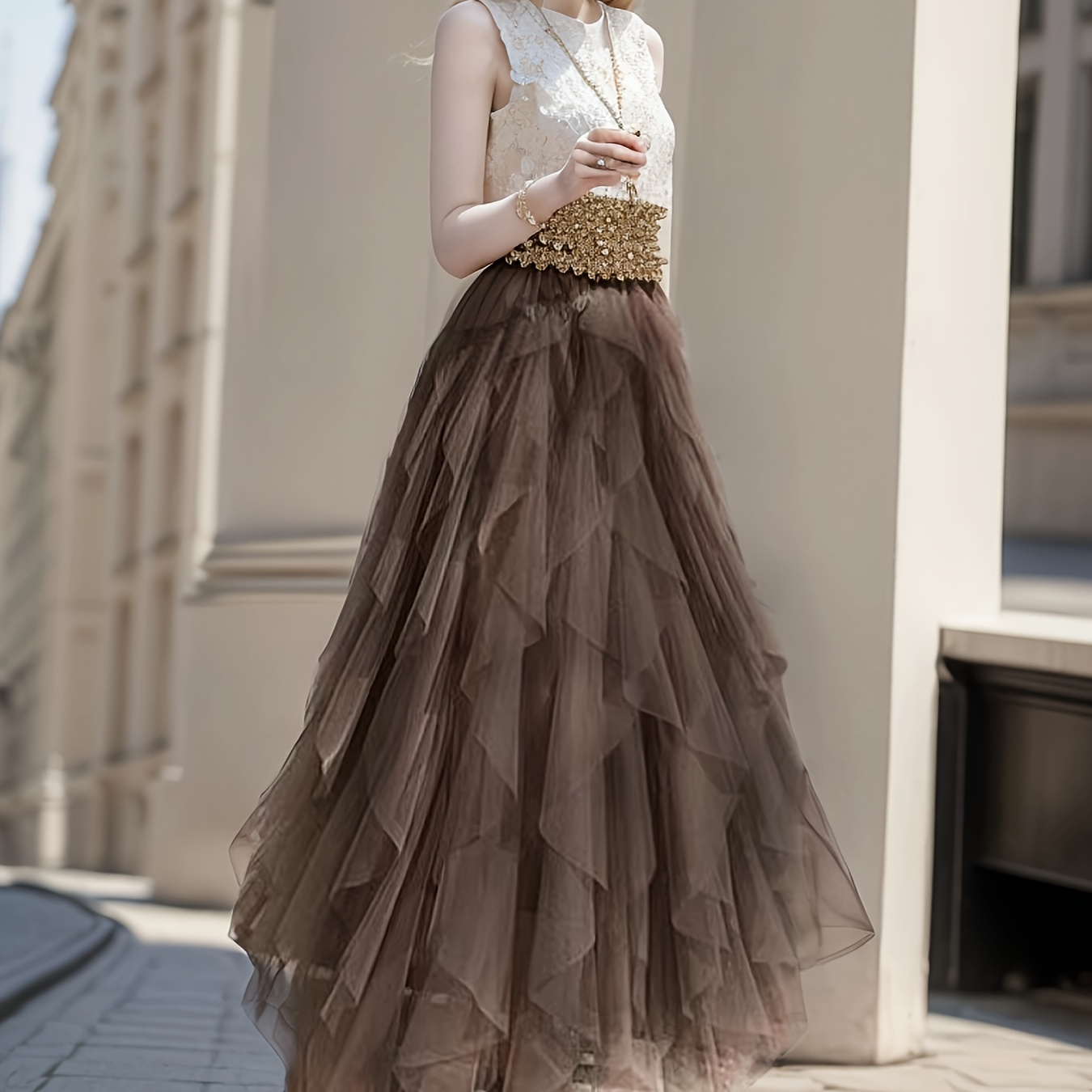 

Mesh Layered Skirt, Casual Solid Color Waist Tiered Skirt, Women's Clothing