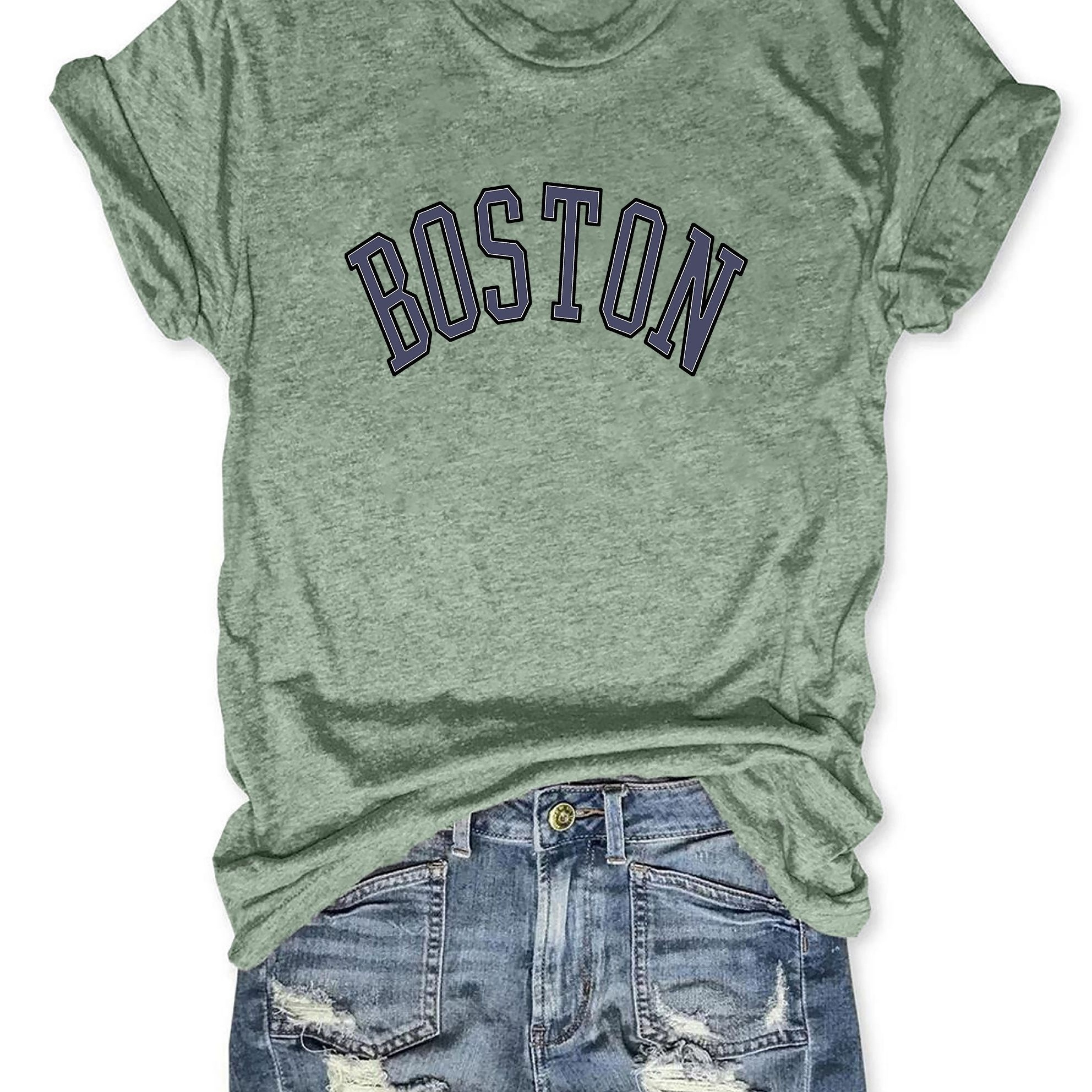 

Boston Print Crew Neck T-shirt, Casual Short Sleeve Top For Spring & Summer, Women's Clothing