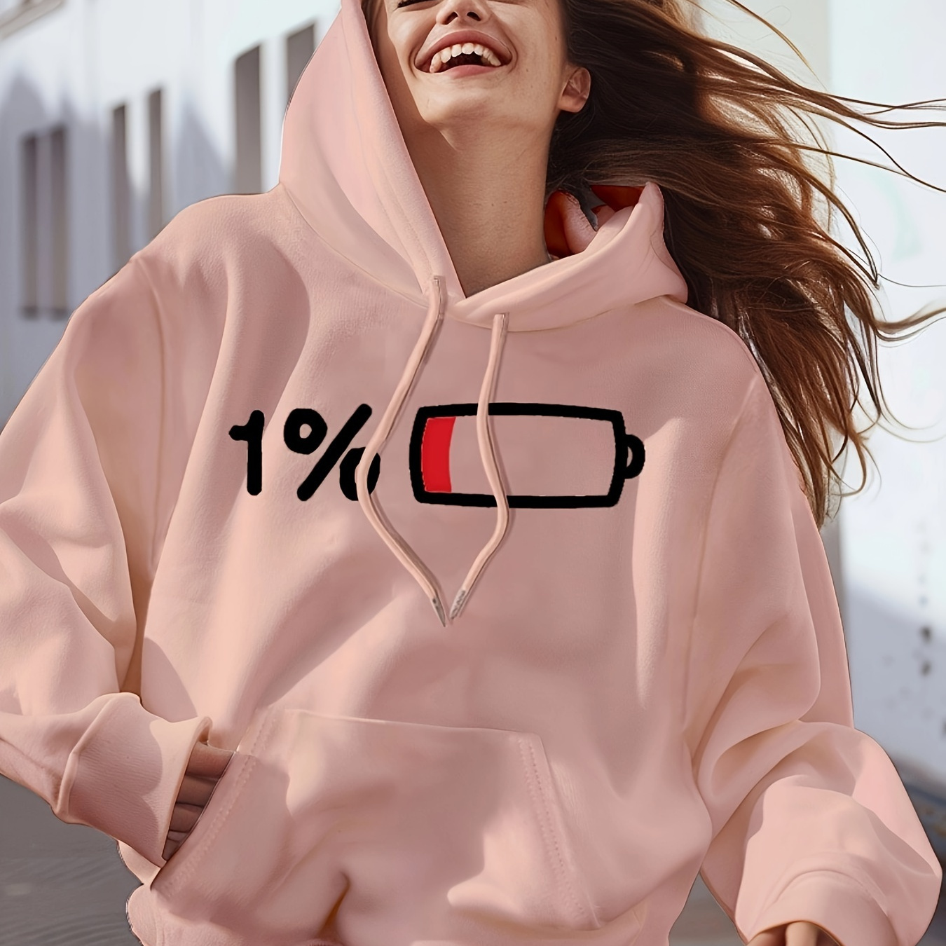 

Sweat à capuche à cordon de serrage imprimé batterie, sweat-shirt à capuche décontracté à manches longues avec poche kangourou pour l'automne et l'hiver, vêtements pour femmes