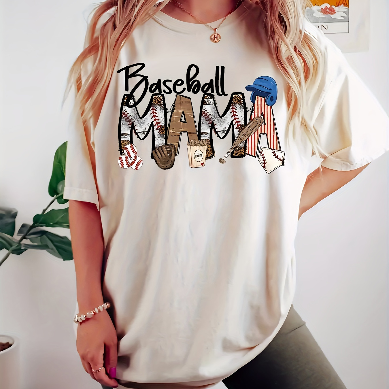 

Baseball Mama Print T-shirt, Casual Crew Neck Short Sleeve Top For Spring & Summer, Women's Clothing