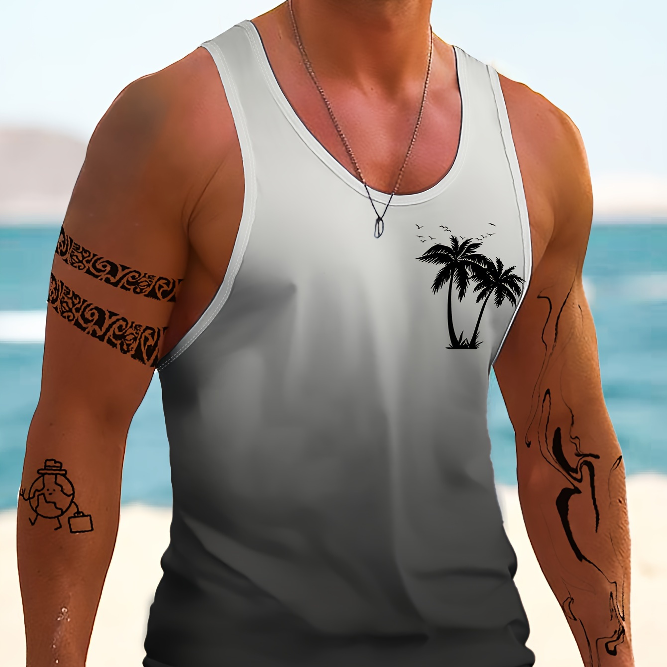 

Hanzunpin Men's Sleeveless Tank Top: Gradual , 3d Printed Palm Trees, Perfect For Beach, Summer, And Casual Wear