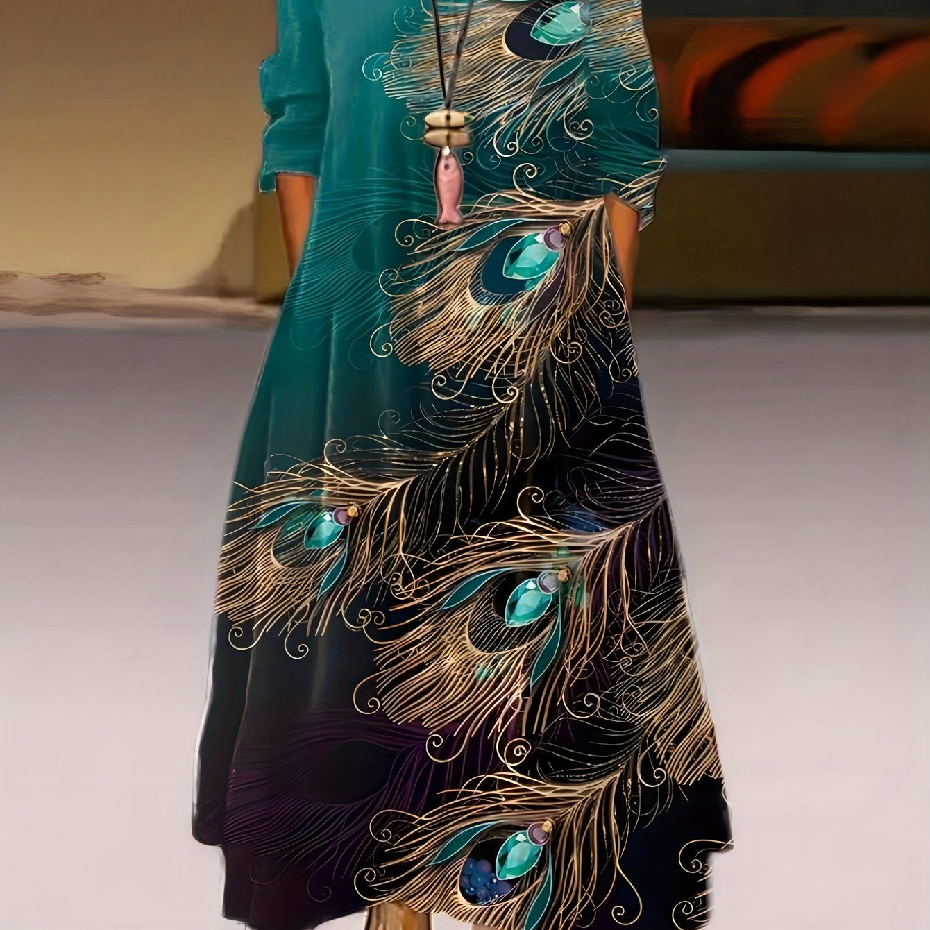 

Plus Size Casual Dress, Women's Plus Peacock Print Long Sleeve Round Neck Medium Stretch Maxi Dress