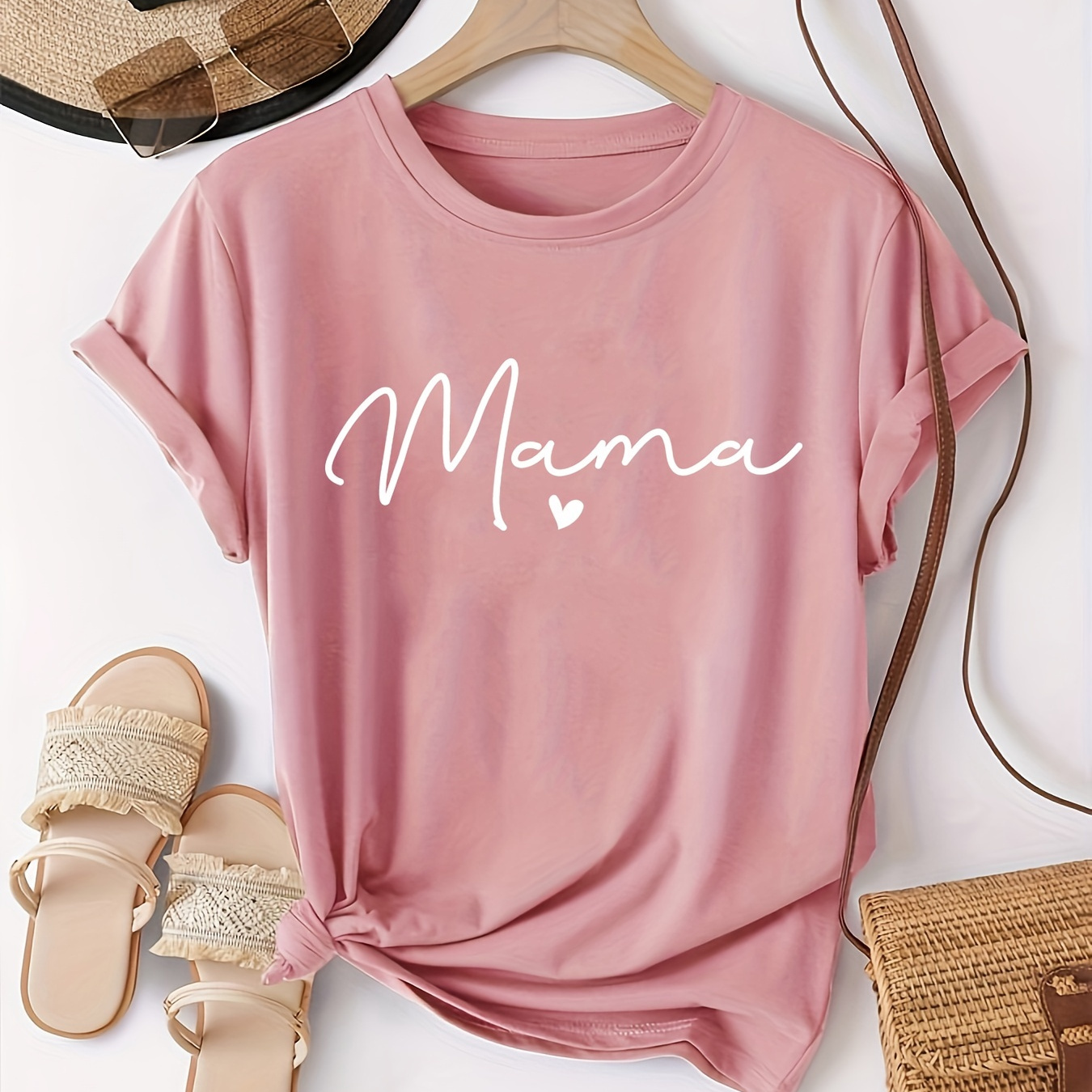 

Mama Letter & Heart Print T-shirt, Casual Short Sleeve Crew Neck Top For Mother's Day, Women's Clothing