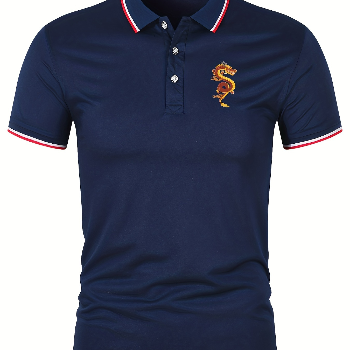 

Trendy Dragon Print Men's Casual Button Up Short Sleeve Lightweight Polo Shirt, Men's Polo For Summer, Tops For Men