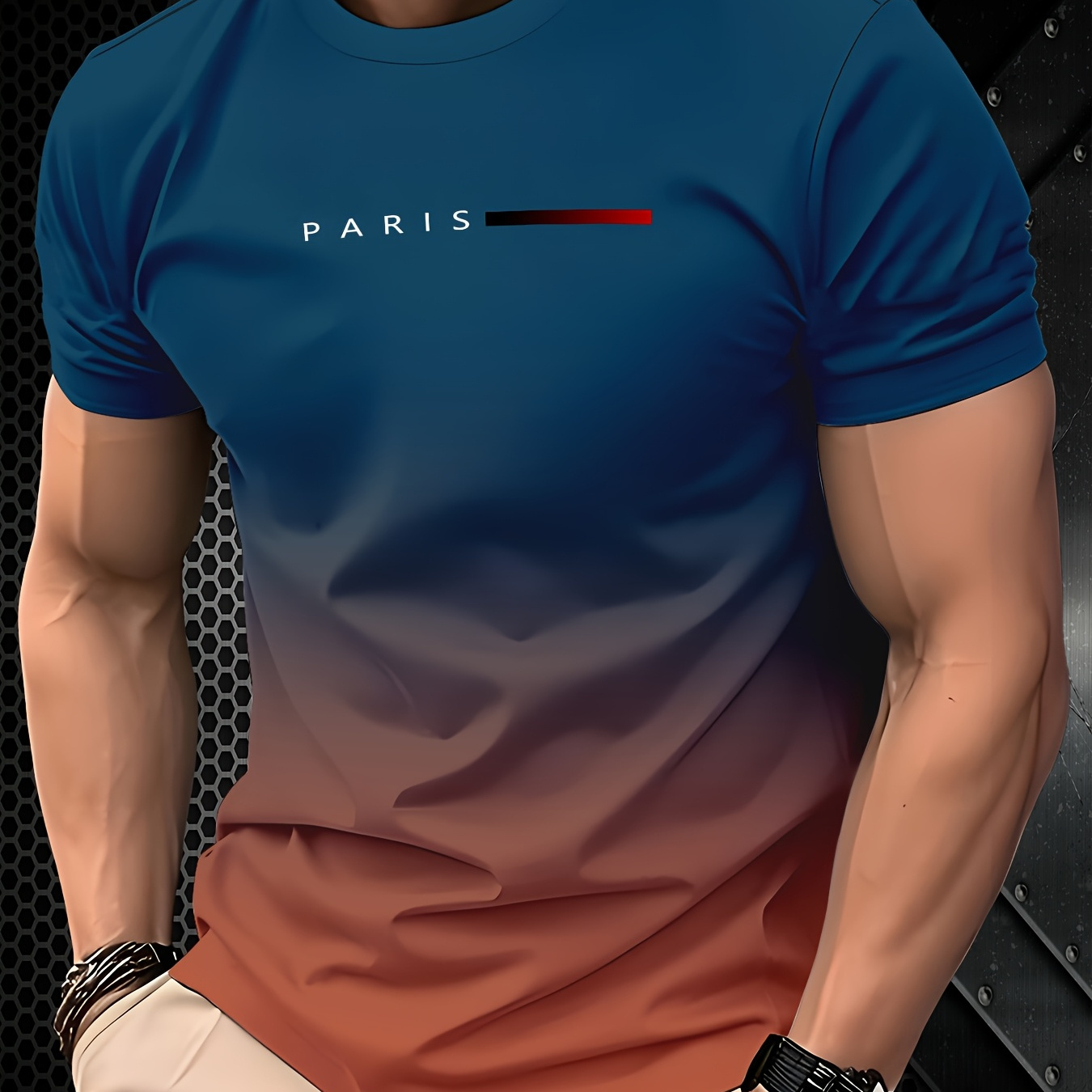 

Men's Gradient Color T-shirt - Breathable, Stylish Short Sleeve With "paris" Print, Casual Fit For Casual Attire