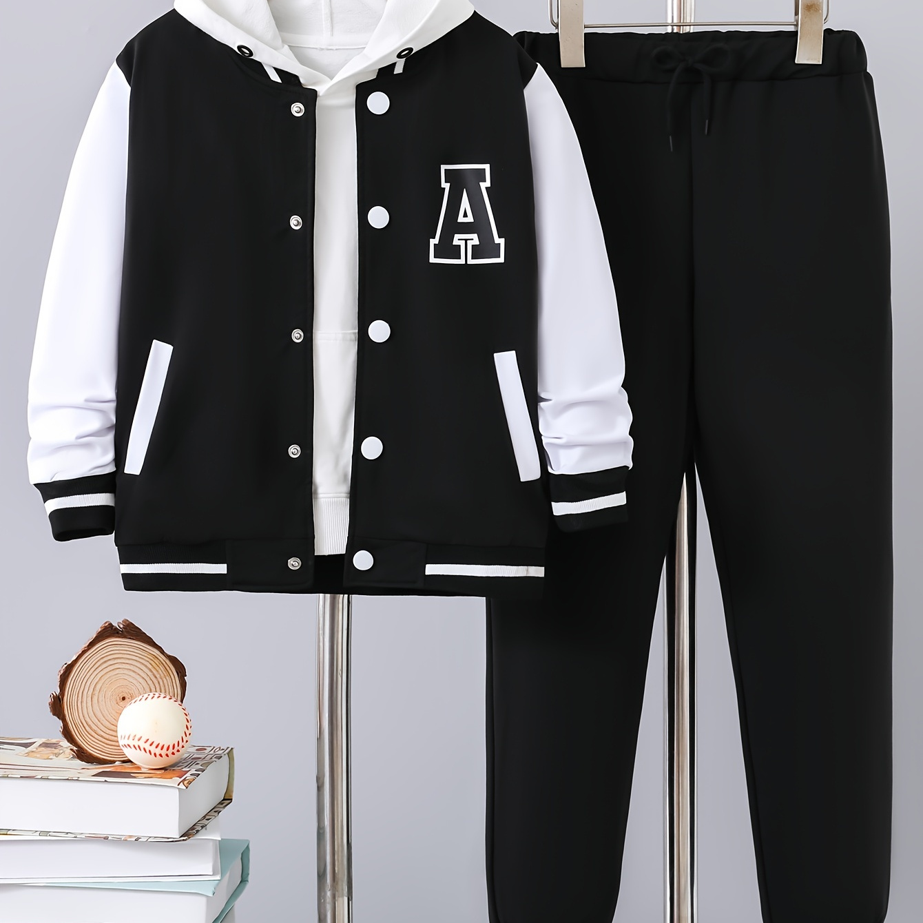 

2pcs Boy's Letter A Print Jacket Outfit, Preppy Style Varsity Jacket & Pants Set, Kid's Clothes For Fall Winter, As Gift