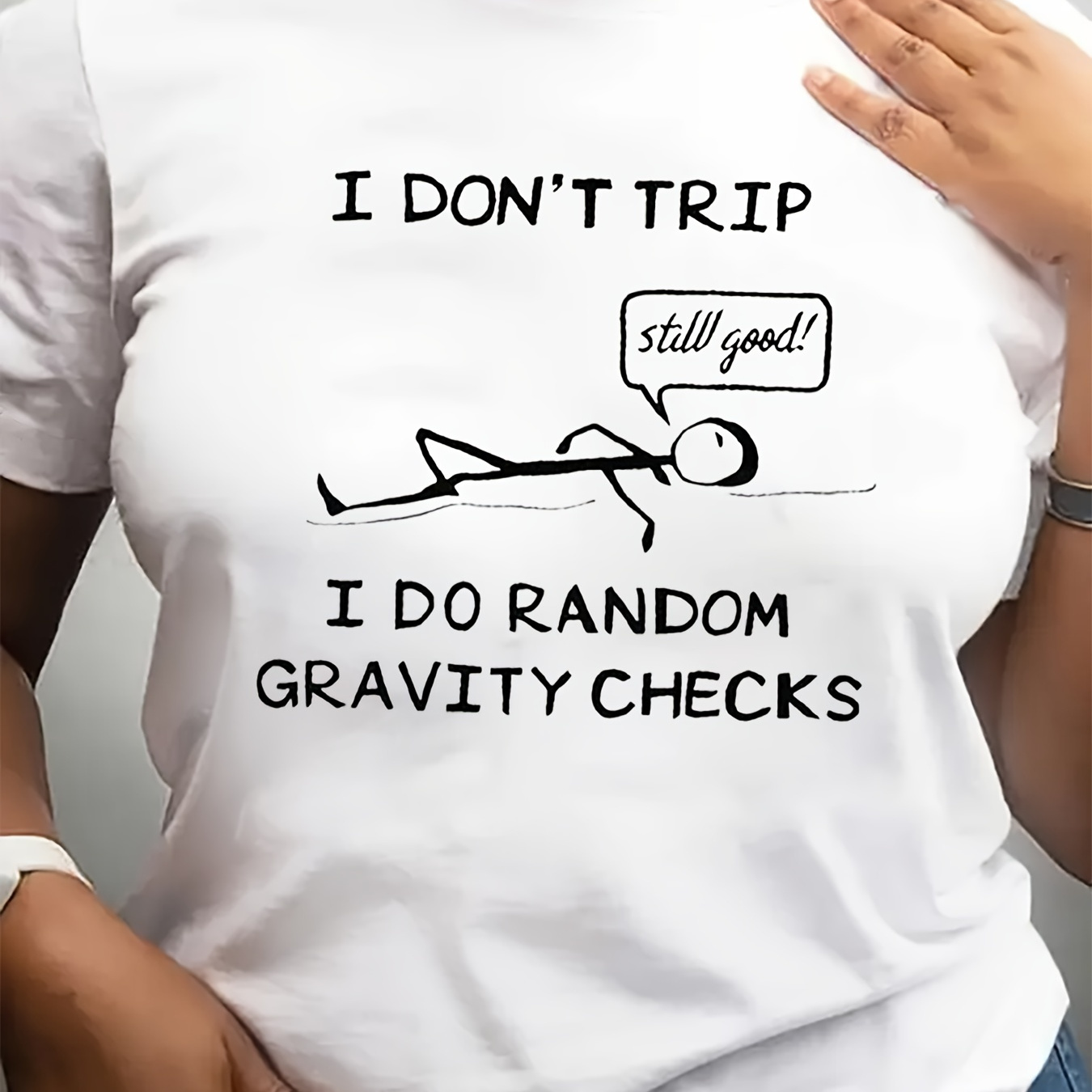 

Plus Size Fun ' Trip, I Do Random Gravity Checks' Graphic Tee - Women's Casual Crew Neck T-shirt, Stretchy Polyester , Machine Washable