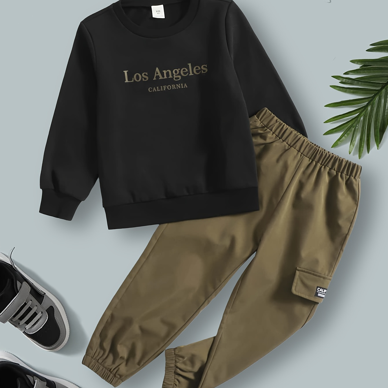 

Boy's 2-piece Casual Co Ord Set, Los Angeles Letter Print Sweatshirt And Cargo Pants, Comfy Spring Fall Clothes