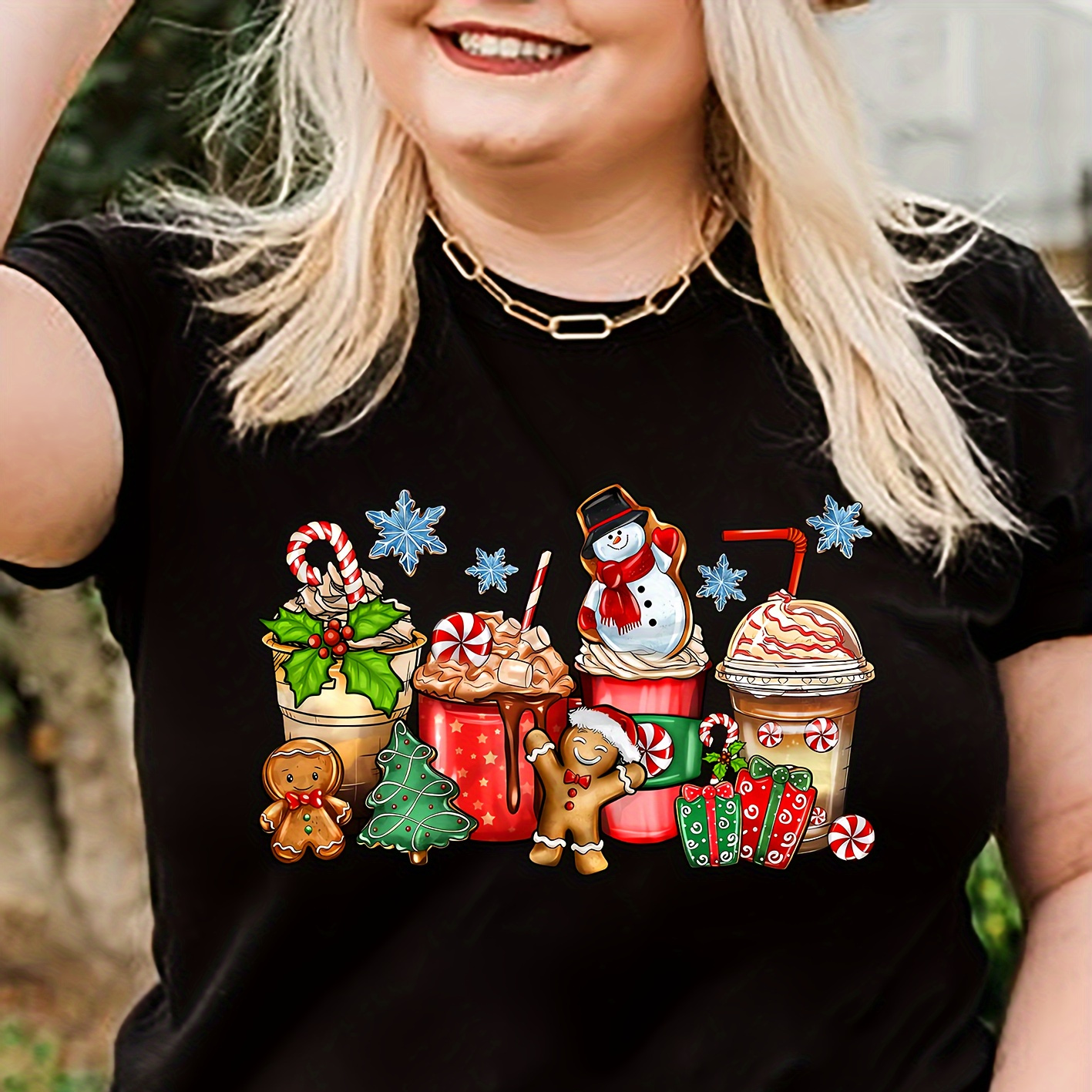 

Plus Size Women's Casual Summer T-shirt With Christmas Coffee Print, Round Neck, Short Sleeves, Fashion Comfort Fit Top